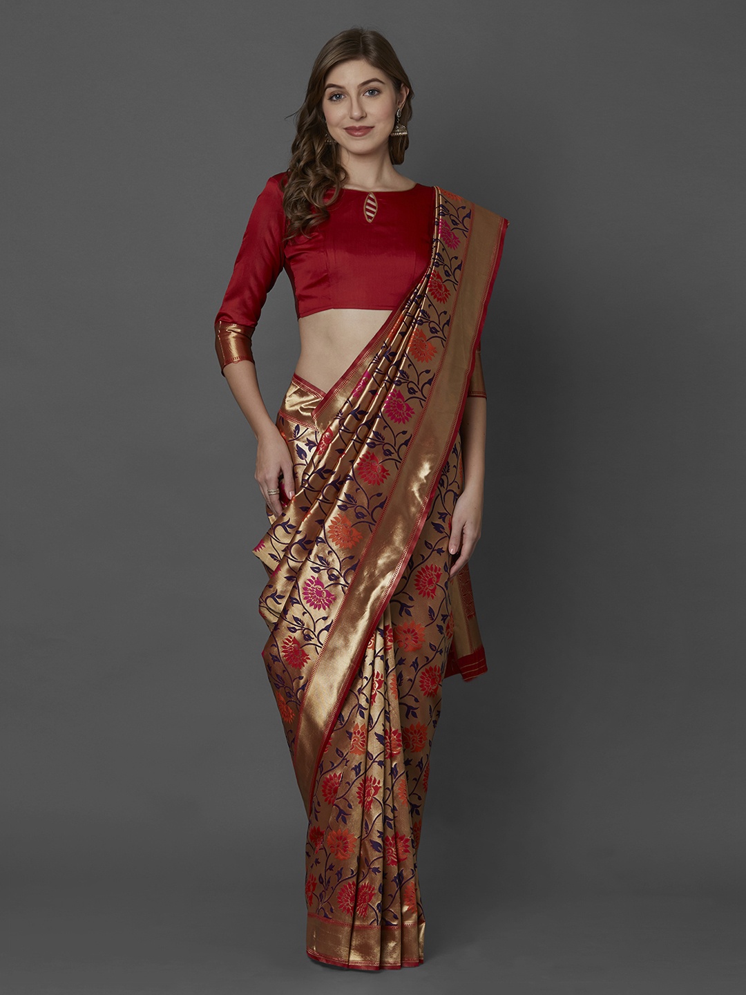 Mitera Maroon & Gold-Toned Silk Blend Woven Design Kanjeevaram Saree