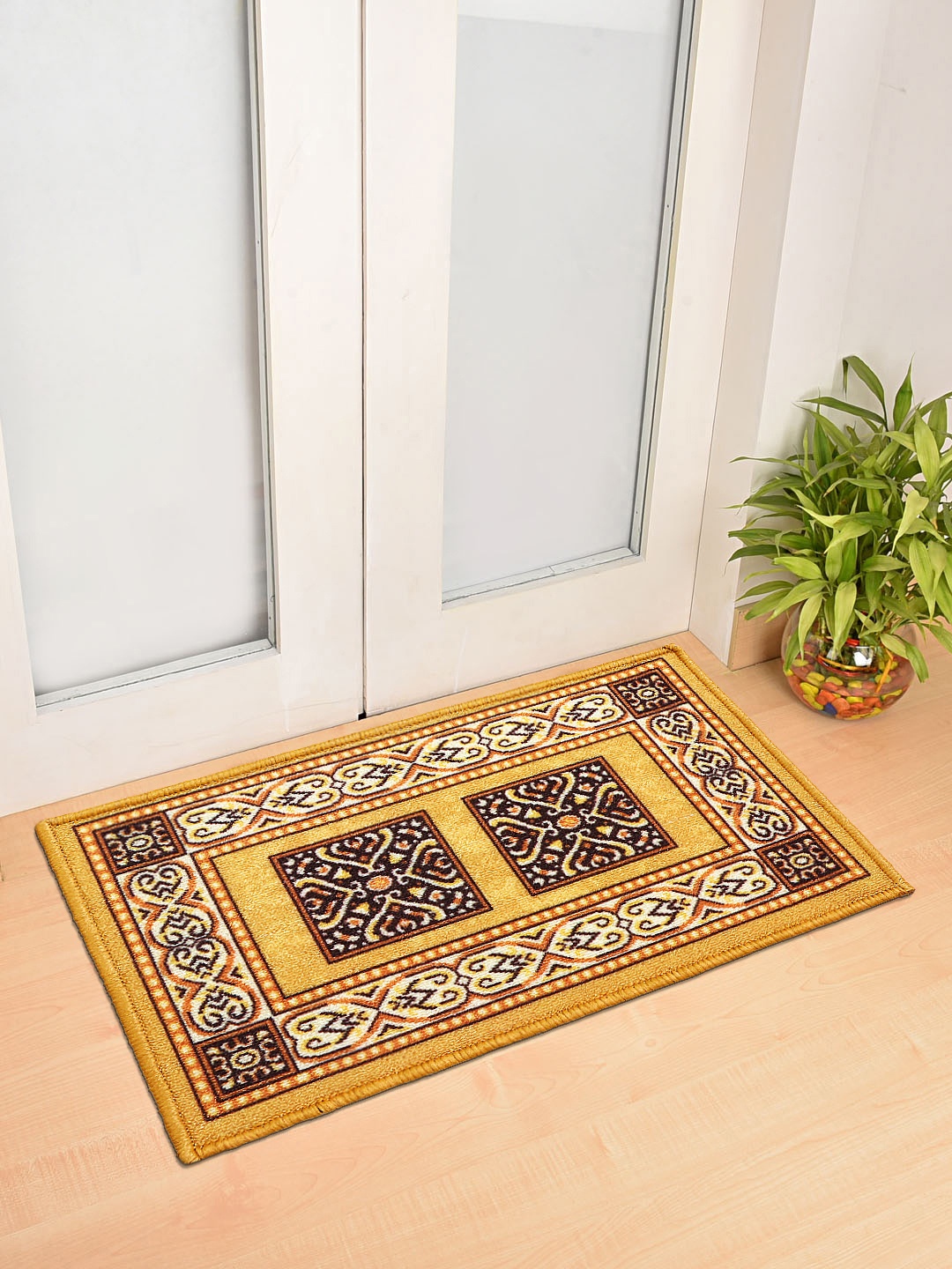 Status Yellow & Brown Printed Anti-Skid Doormat