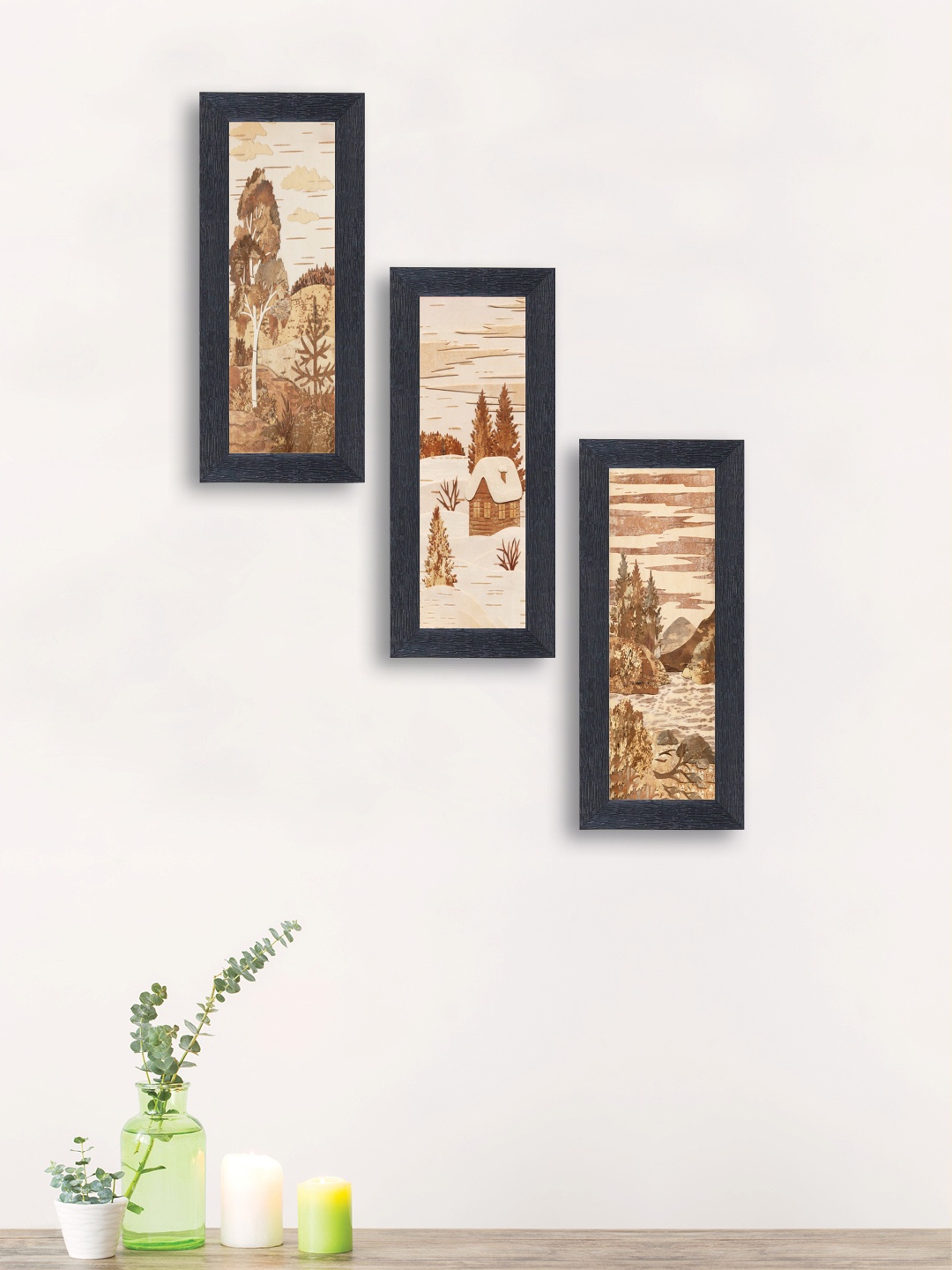 nest ART Set of 3 Brown & Beige Synthetic Wood Abstract Wall Art