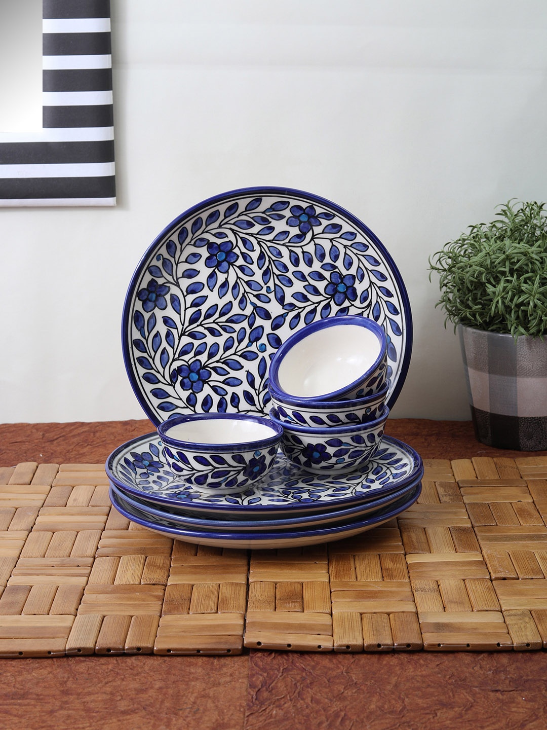VarEesha Set of 8 Off-White & Blue Printed Ceramic Dinner Plates & Bowls