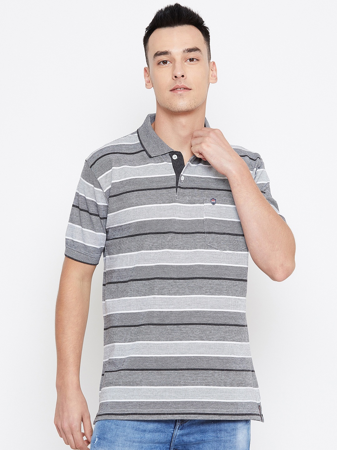 Duke Men Grey And Black Striped Polo Collar T-shirt