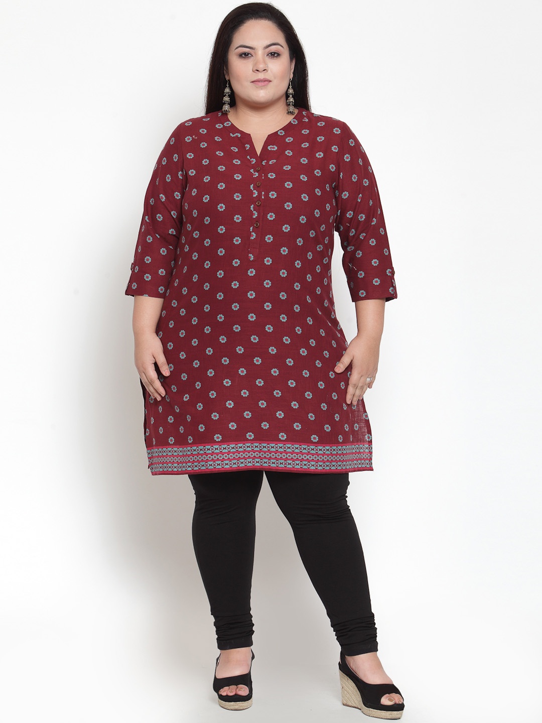 plusS Women Maroon & Blue Floral Printed Straight Kurta