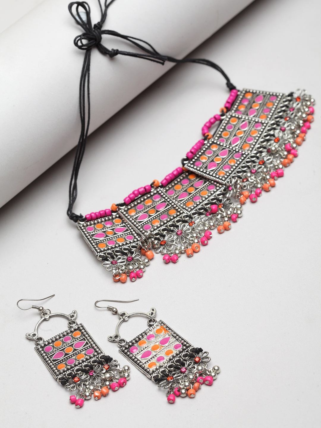 Moedbuille Women Silver-Plated Pink & Orange Handcrafted Meenakari Jewellery Set