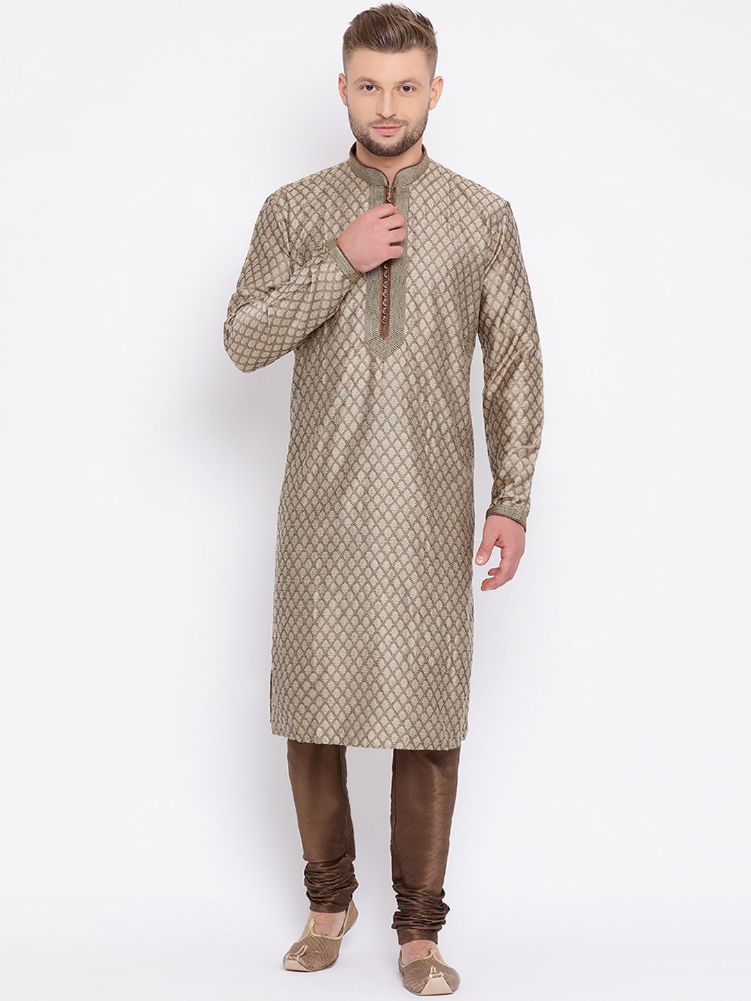 Sanwara Men Brown Self Design Handloom Kurta with Churidar