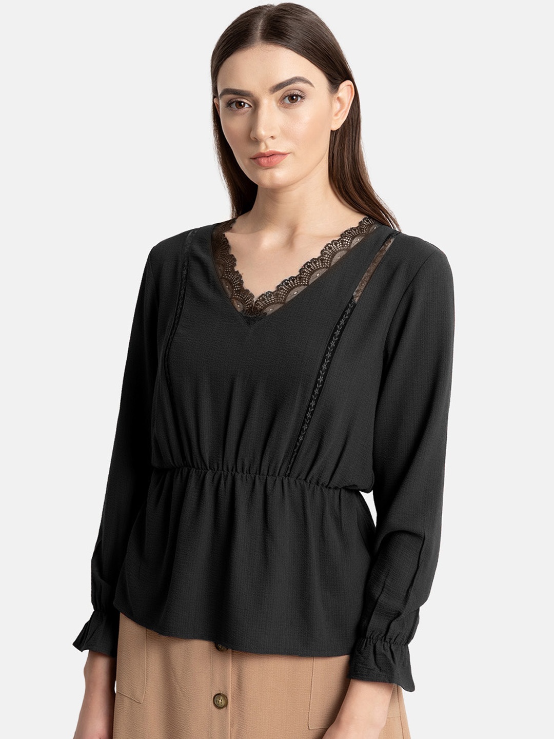 Kazo Women Black Self Design Cinched Waist Top