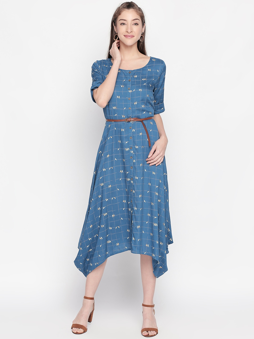 AKKRITI BY PANTALOONS Women Blue Bird Print Fit and Flare Dress