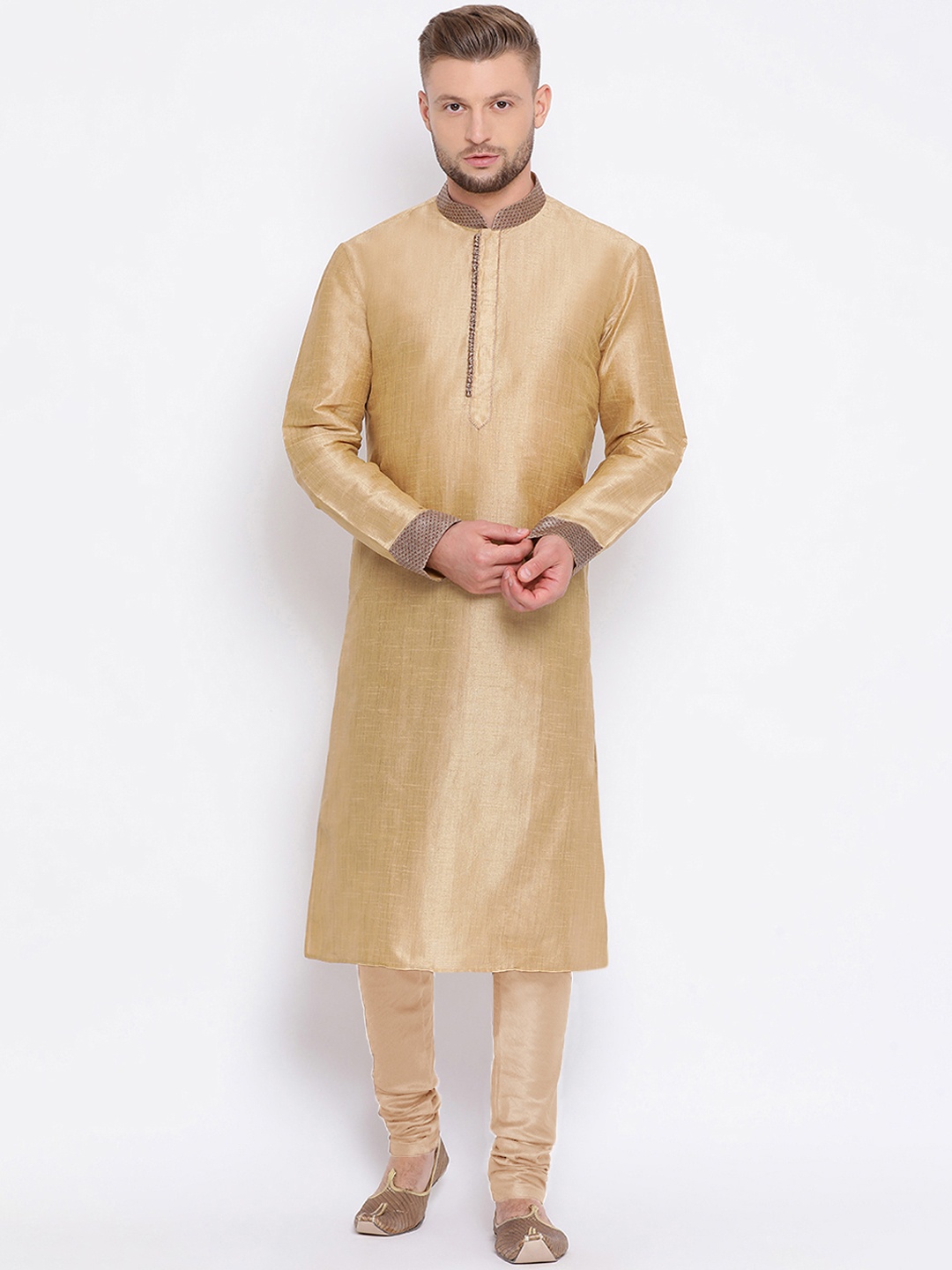 Sanwara Men Golden Woven Design Straight Kurta, Gold