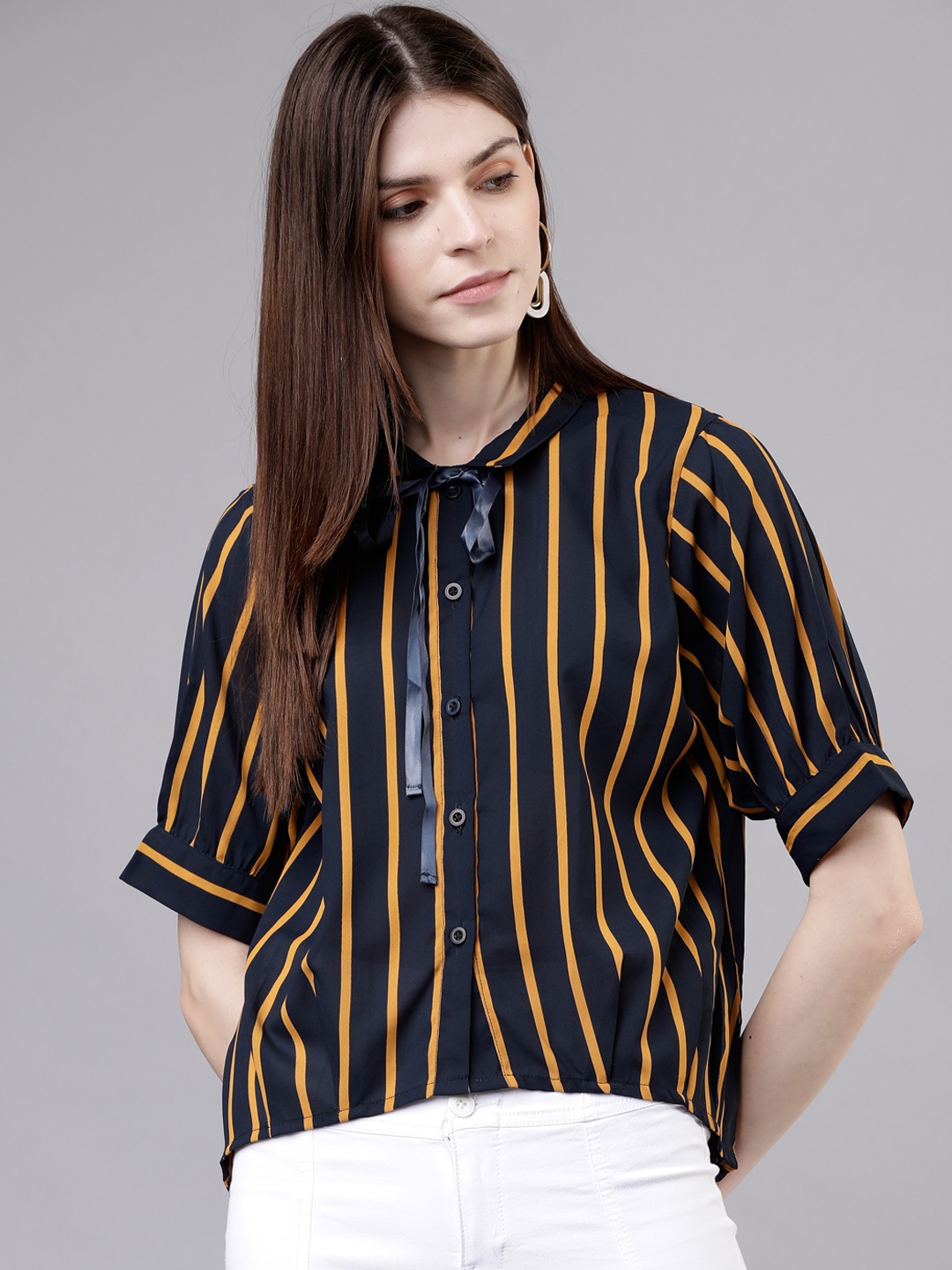 Tokyo Talkies Women Navy Blue & Mustard Yellow Regular Fit Striped Casual Shirt