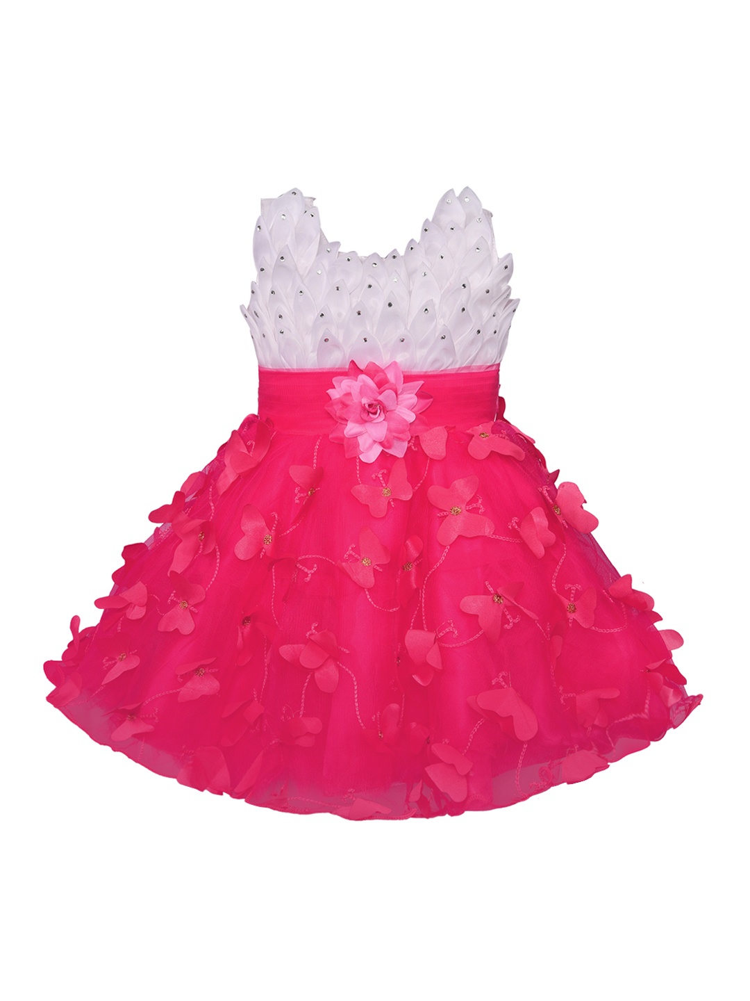 Wish Karo Girls Pink & White Colourblocked Fit and Flare Dress