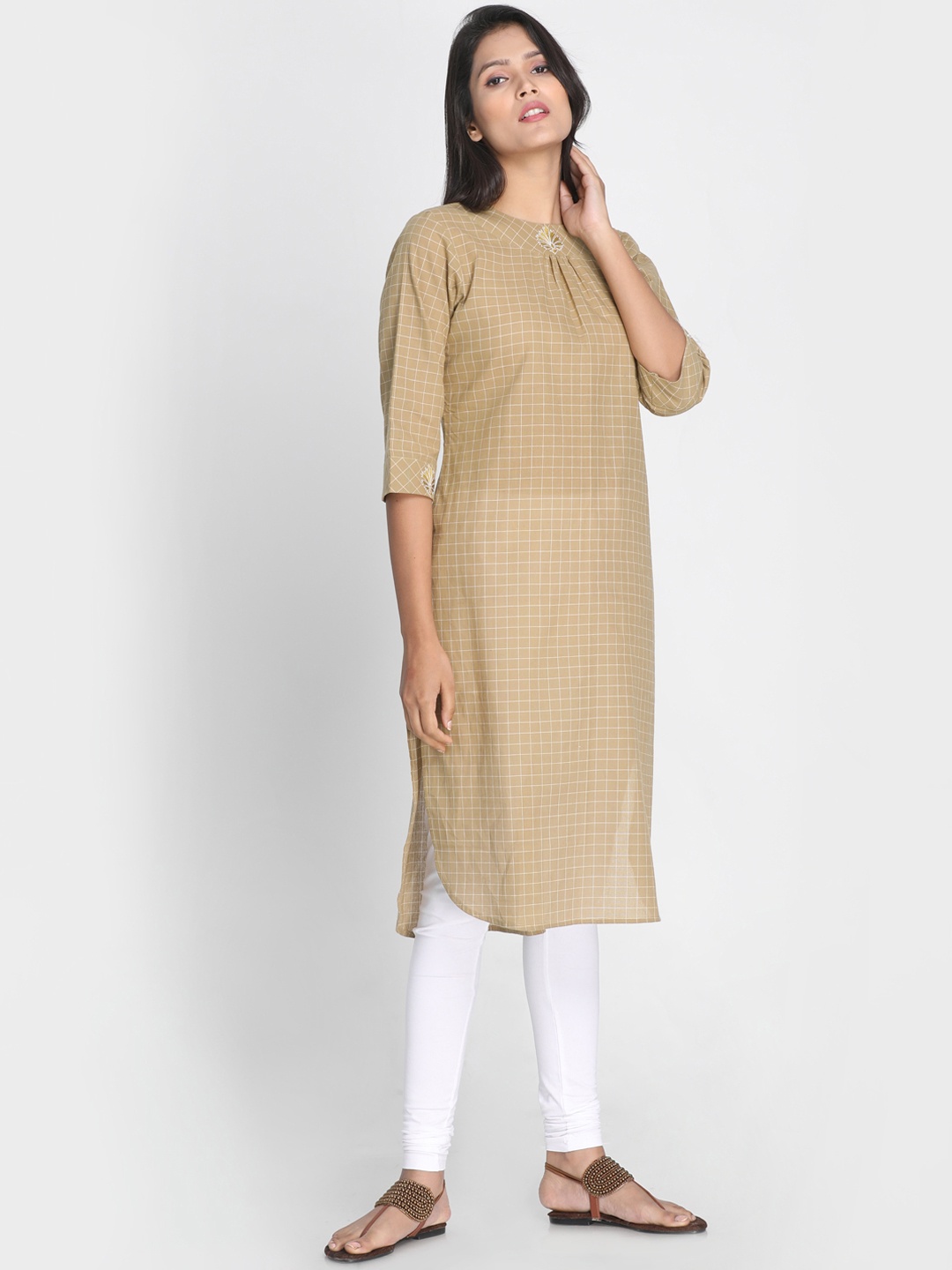 Nakshi Women Beige Checked Straight Kurta