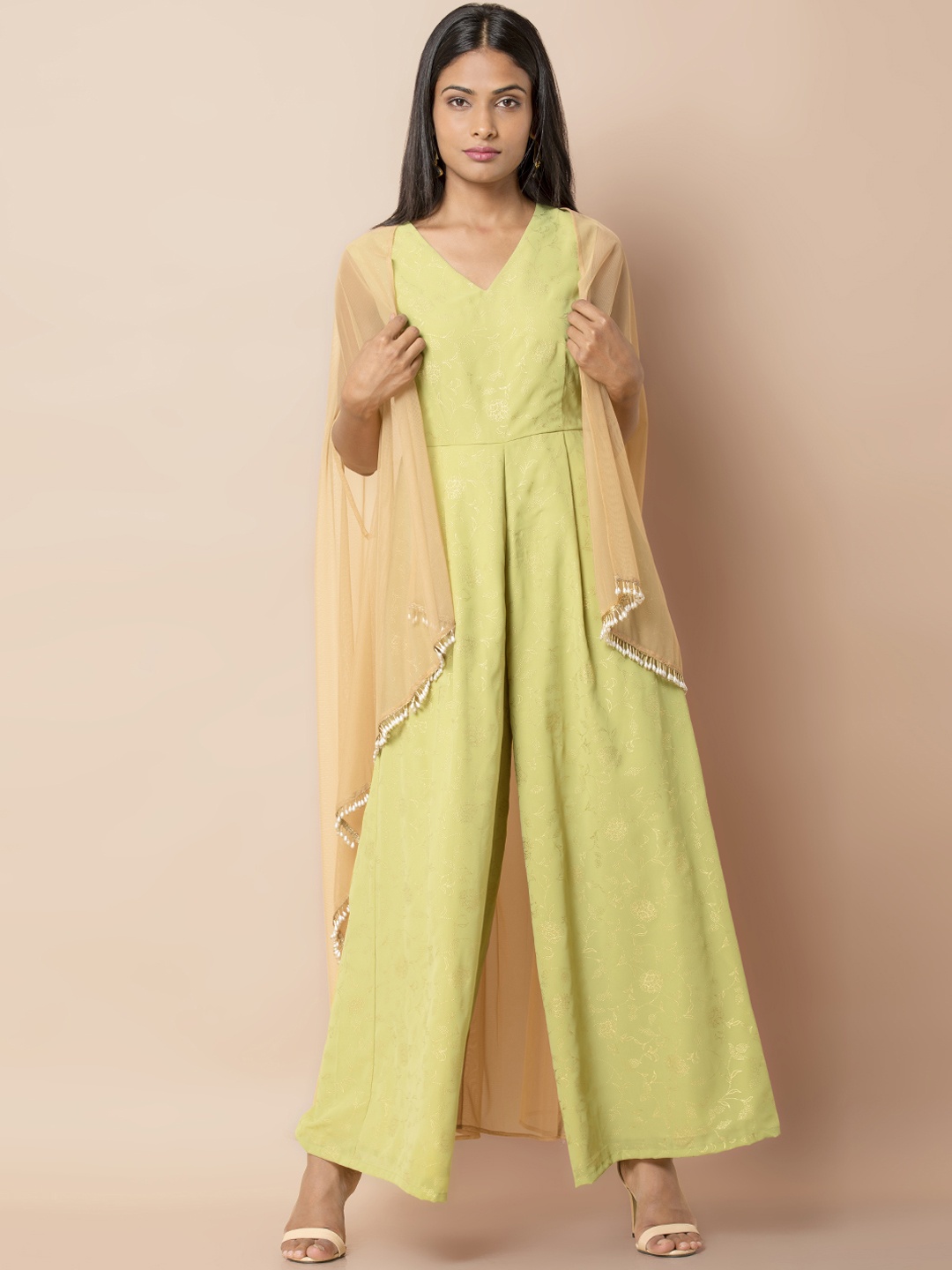 INDYA Women Green & Beige Solid Basic Jumpsuit with Attached Cape