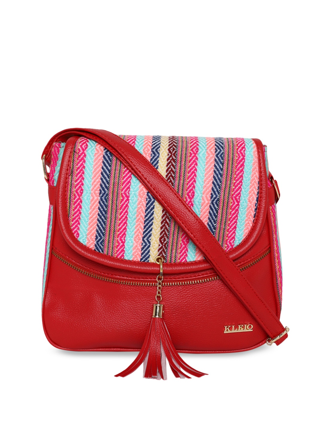 KLEIO Women Red & Pink Striped Jacquard Half Moon Sling Bag with Tasselled