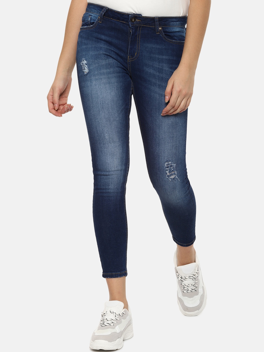 People Women Blue Regular Fit Mid-Rise Low Distress Jeans