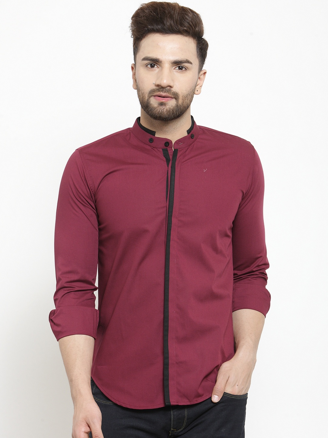 Purple State Men Burgundy & Black Slim Fit Solid Casual Shirt