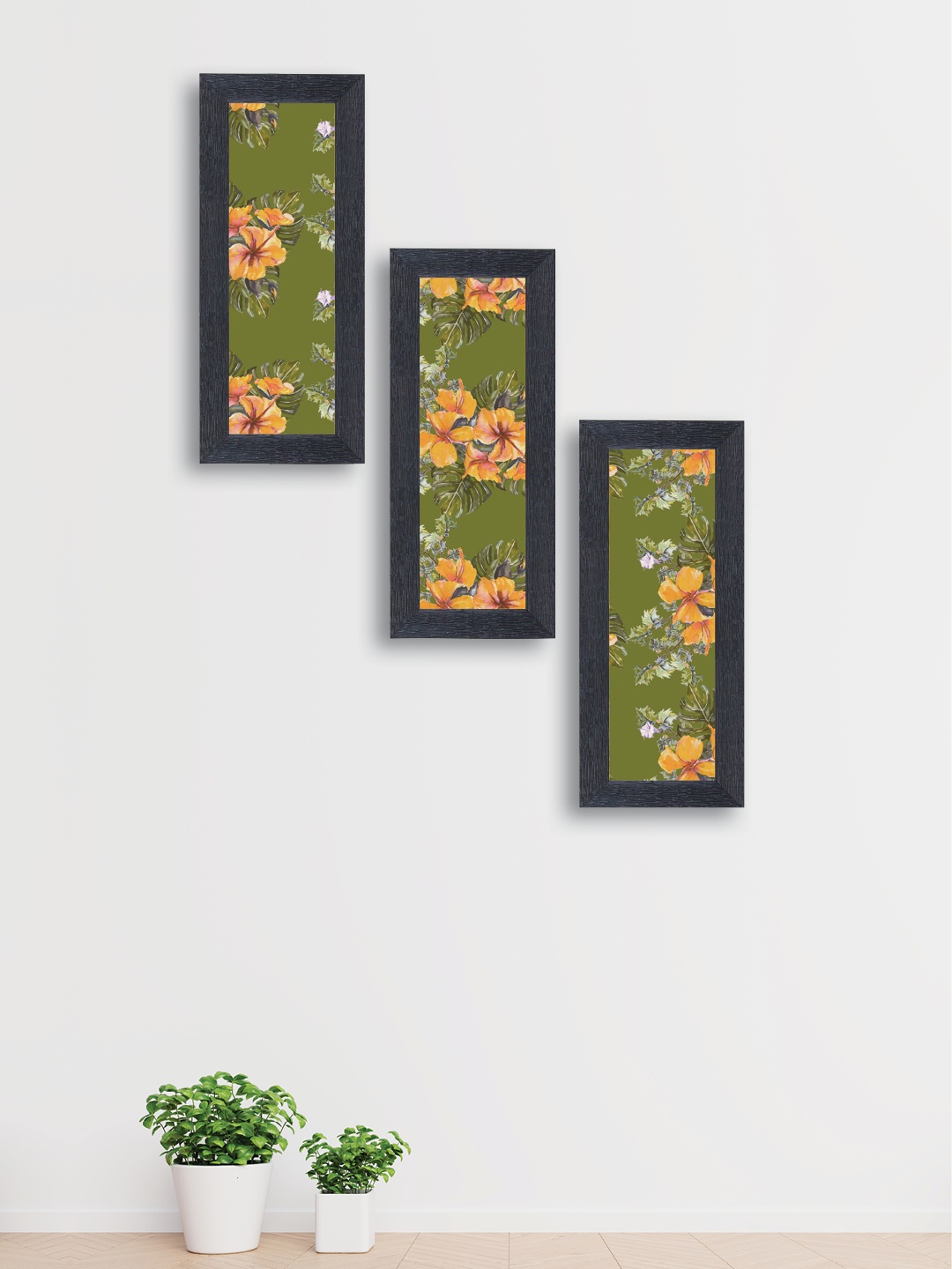 nest ART Set of 3 Green and Yellow Flowers Wall Arts, Multi