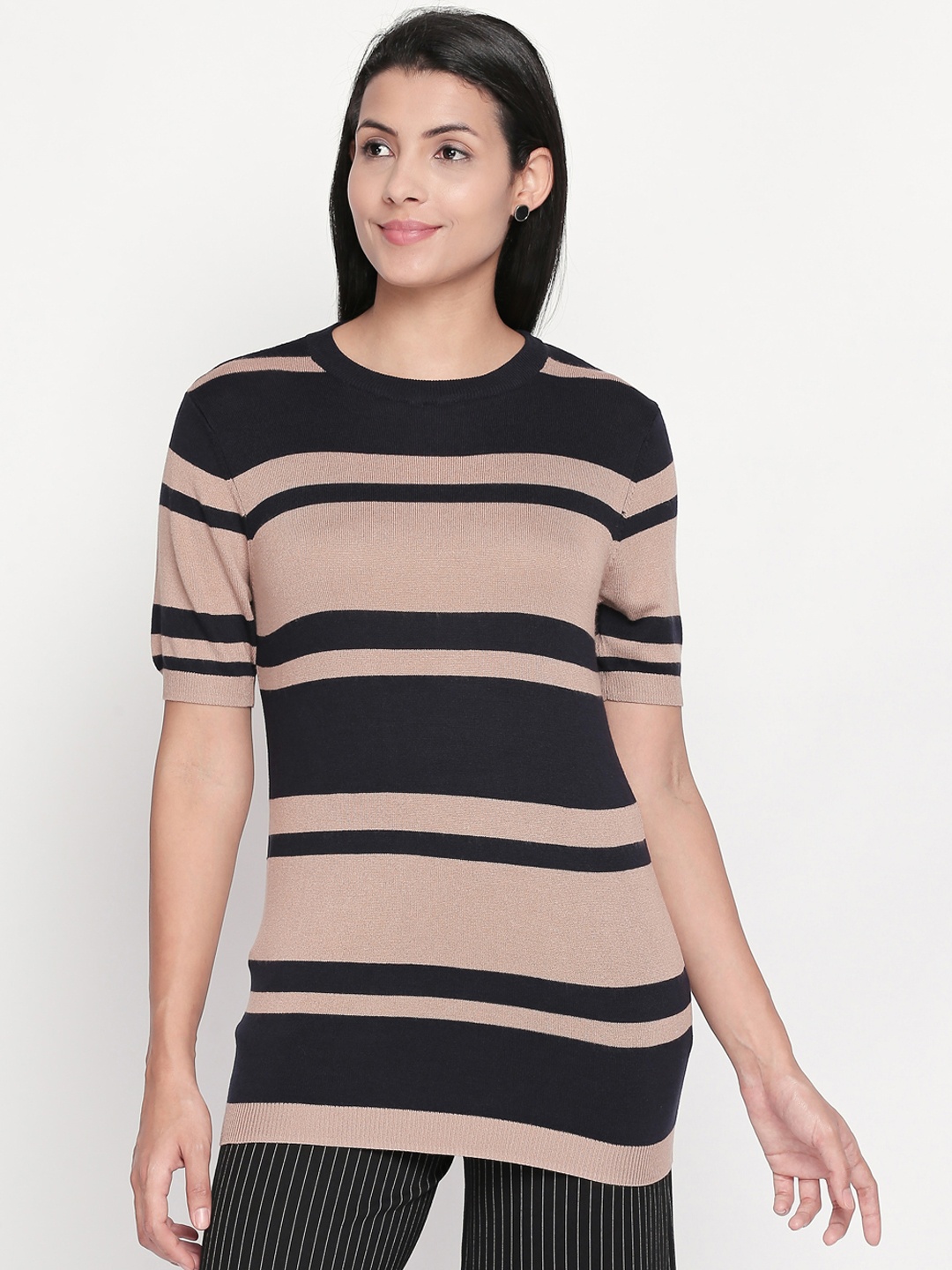 Annabelle by Pantaloons Women Navy Blue & Mauve Striped Sweater