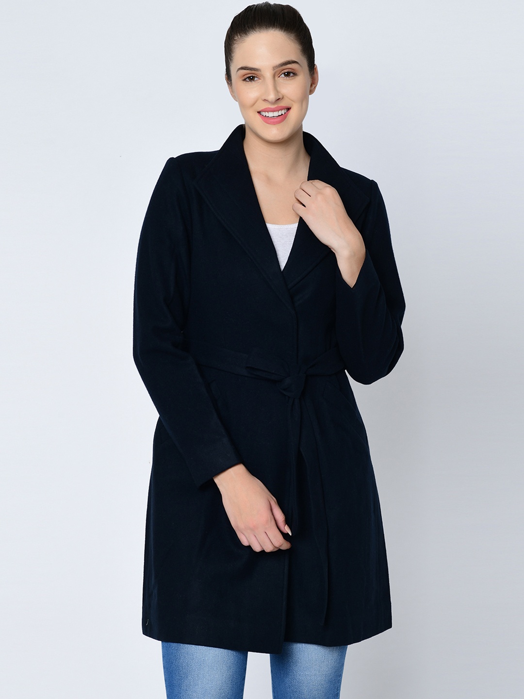 Owncraft Women Navy Blue Solid Wool Overcoat
