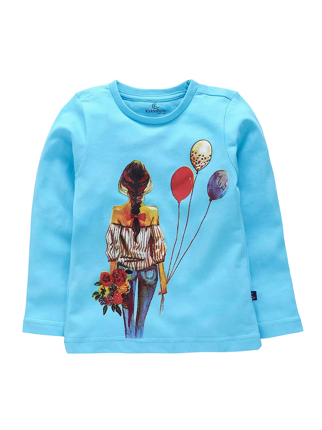 KiddoPanti Girls Blue Printed Round Neck T-shirt