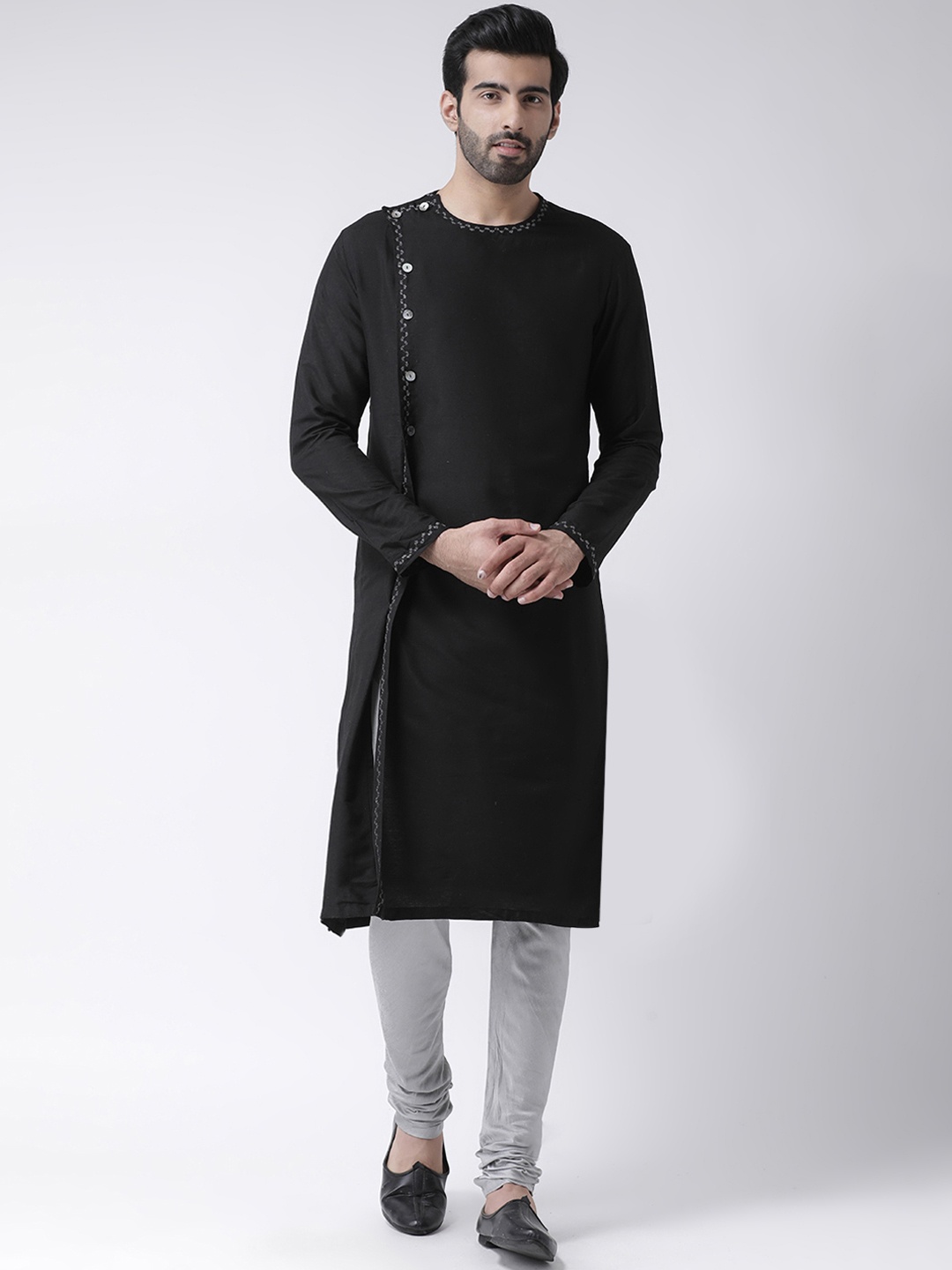 KISAH Men Black & Grey Embroidered Kurta with Churidar