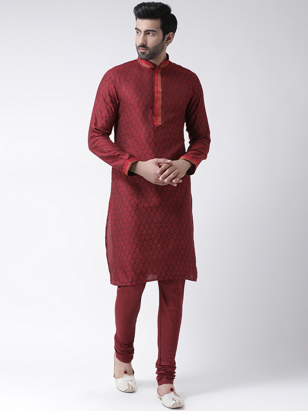 KISAH Men Maroon Self Design Kurta with Churidar