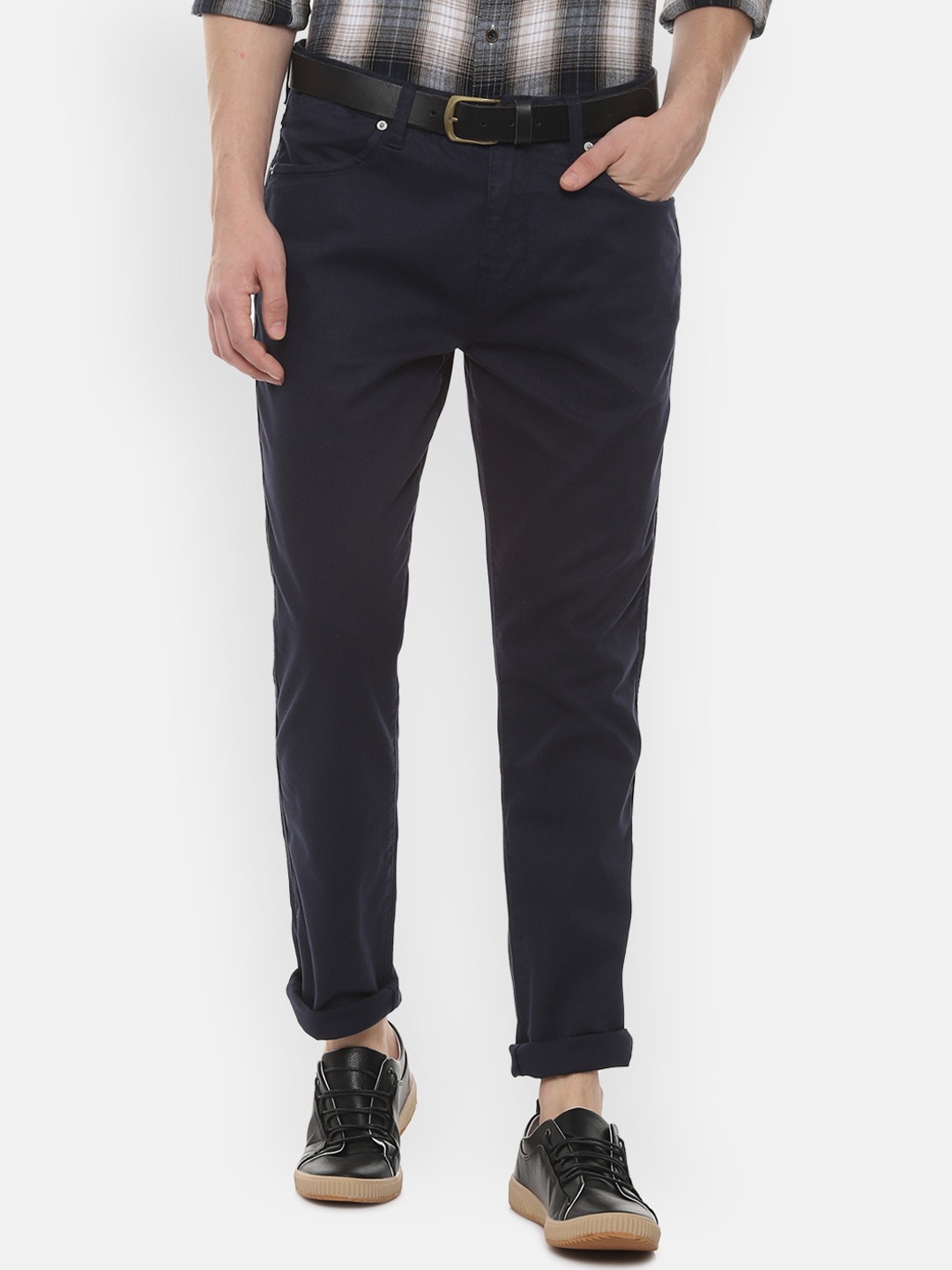 People Men Navy Blue Regular Fit Solid Regular Trousers
