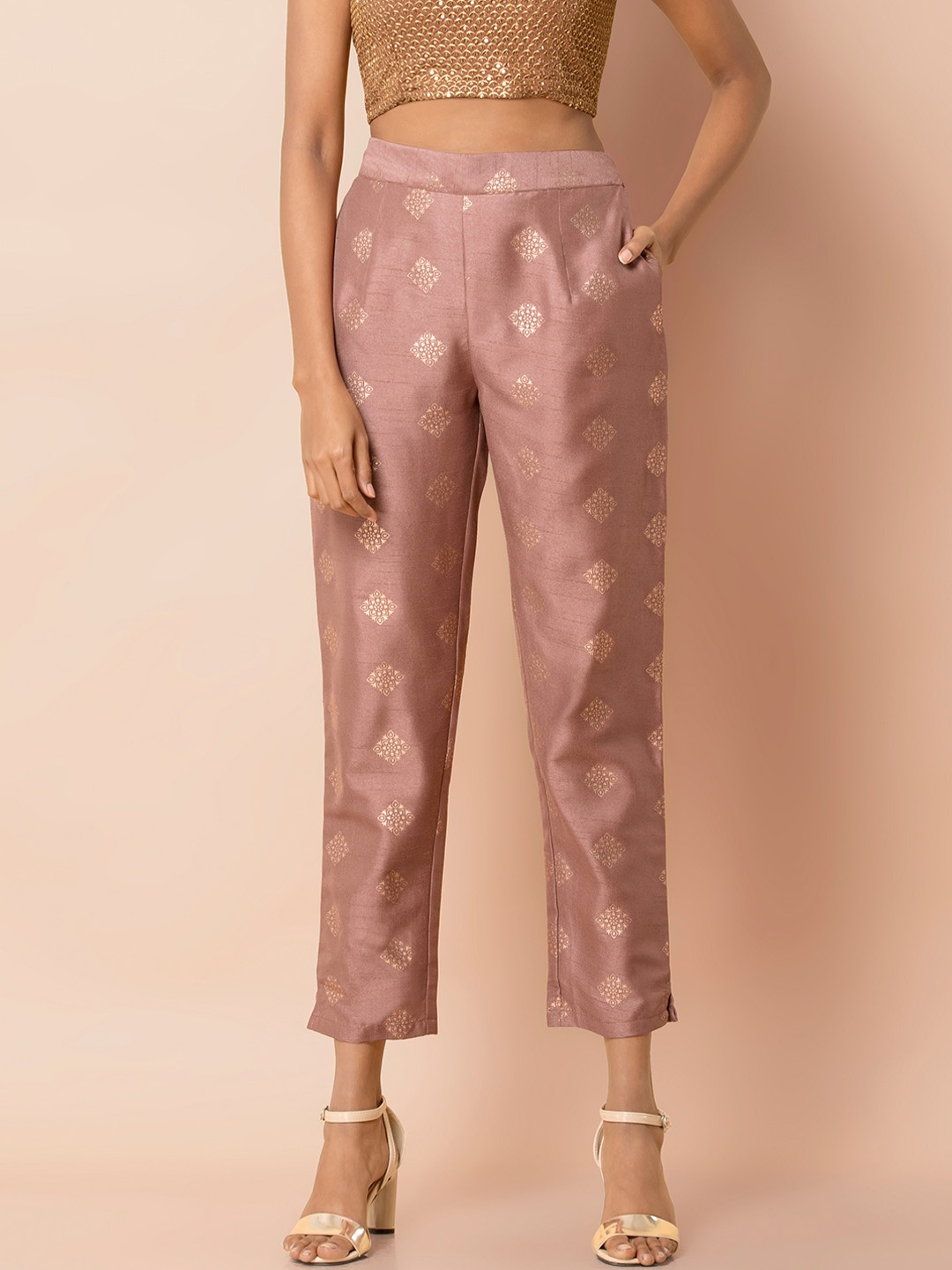 INDYA Women Pink Tapered Fit Printed Peg Trousers