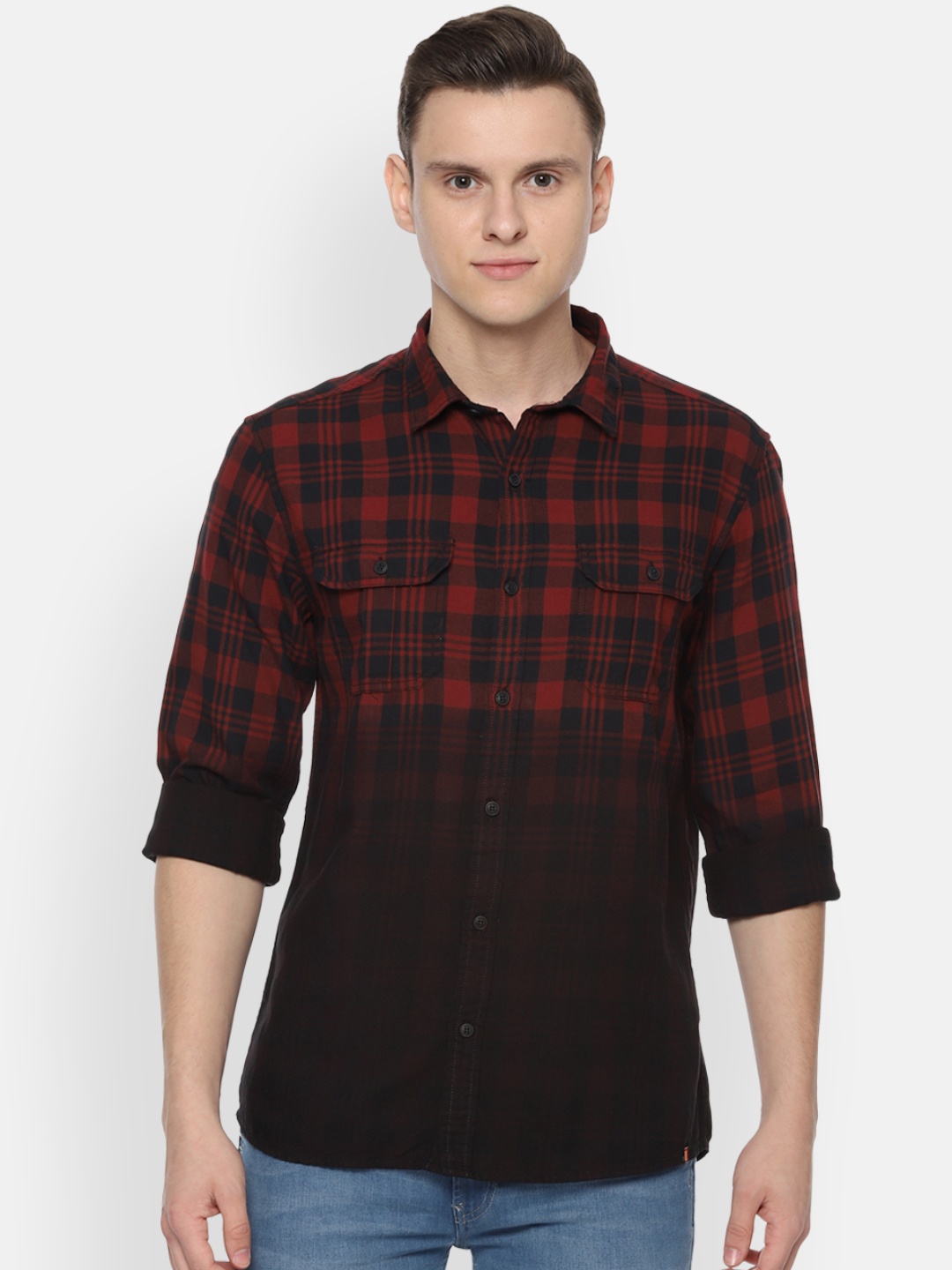 People Men Red & Black Regular Fit Checked Casual Shirt
