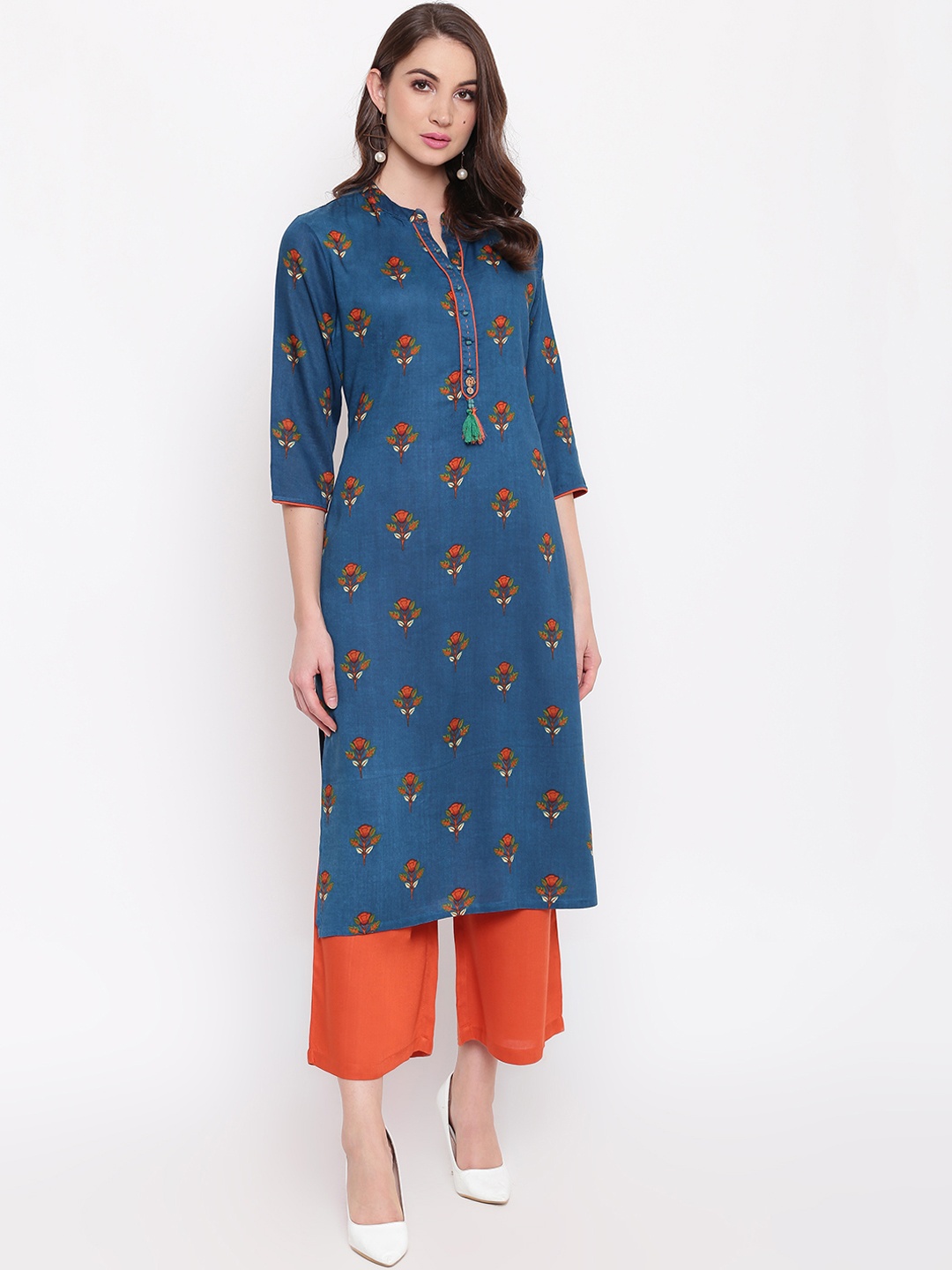 Napra Women Blue & Orange Printed Kurta with Palazzos