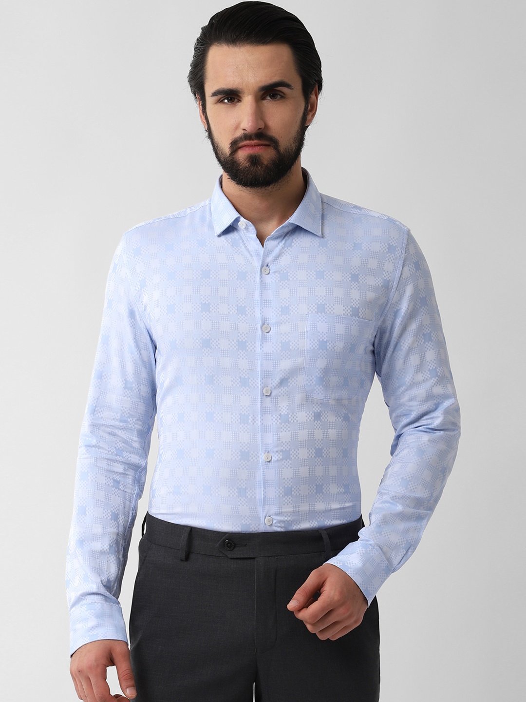 Peter England Men Blue Slim Fit Checked Formal Shirt
