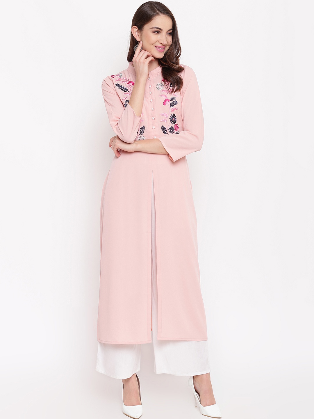 Napra Women Peach-Coloured Floral Embroidered Straight Kurta