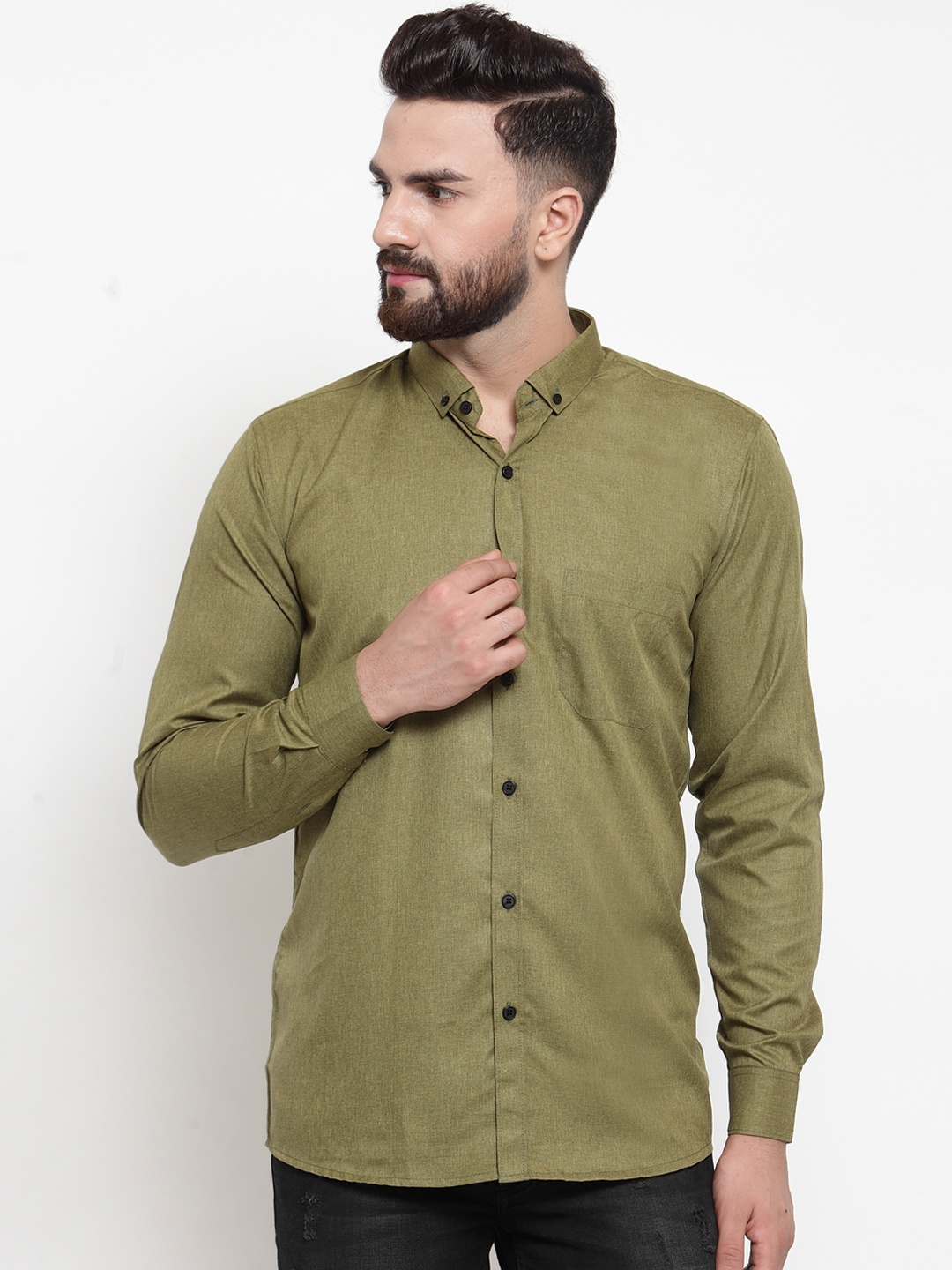 JAINISH Men Olive Green Classic Slim Fit Solid Casual Shirt