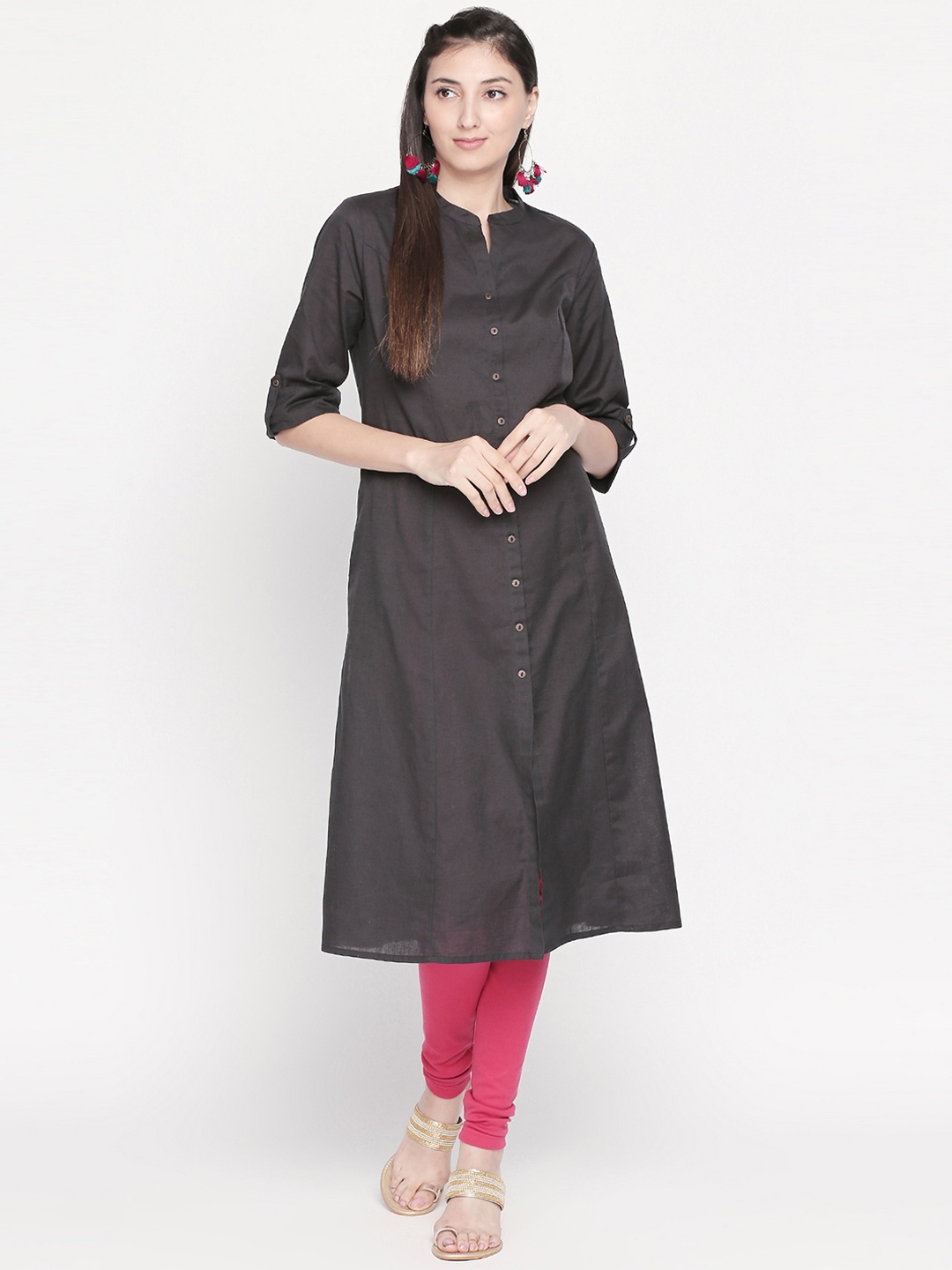 RANGMANCH BY PANTALOONS Women Charcoal Grey Solid A-Line Kurta