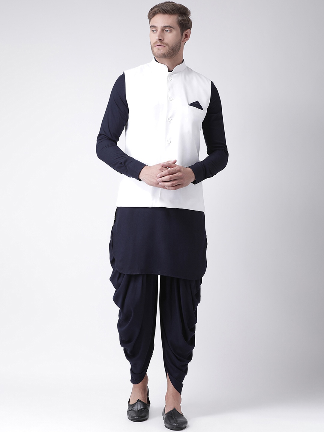 DEYANN Men White & Navy Blue Solid Kurta with Dhoti Pants