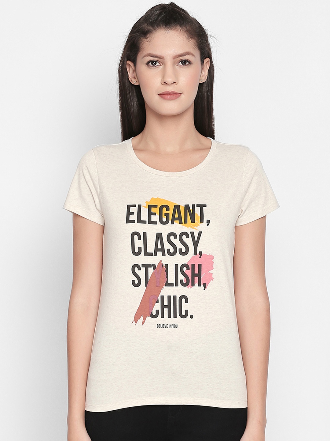 Honey by Pantaloons Women Off-White Printed Round Neck Pure Cotton T-shirt