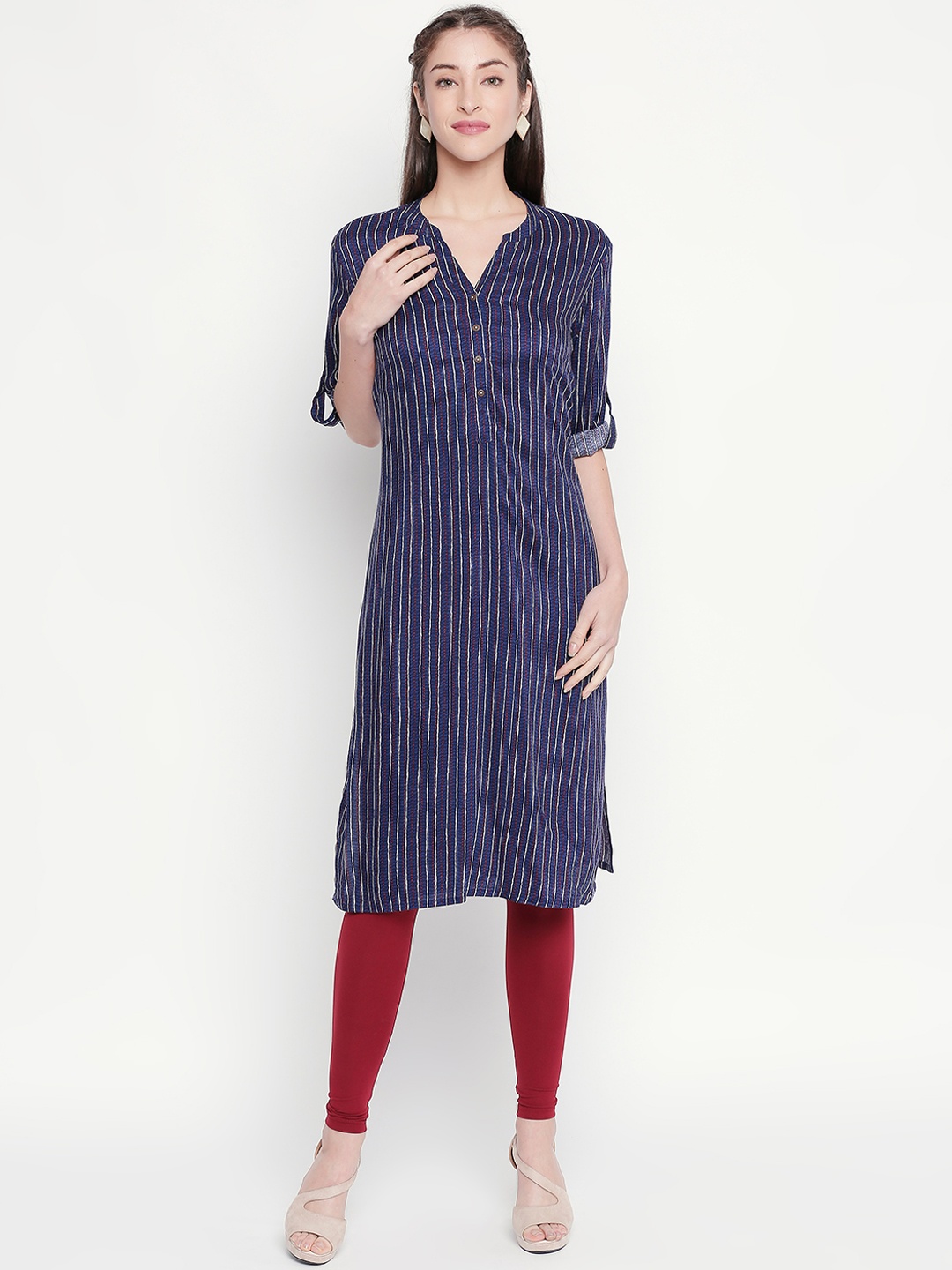 RANGMANCH BY PANTALOONS Women Navy Blue & Red Striped Straight Kurta