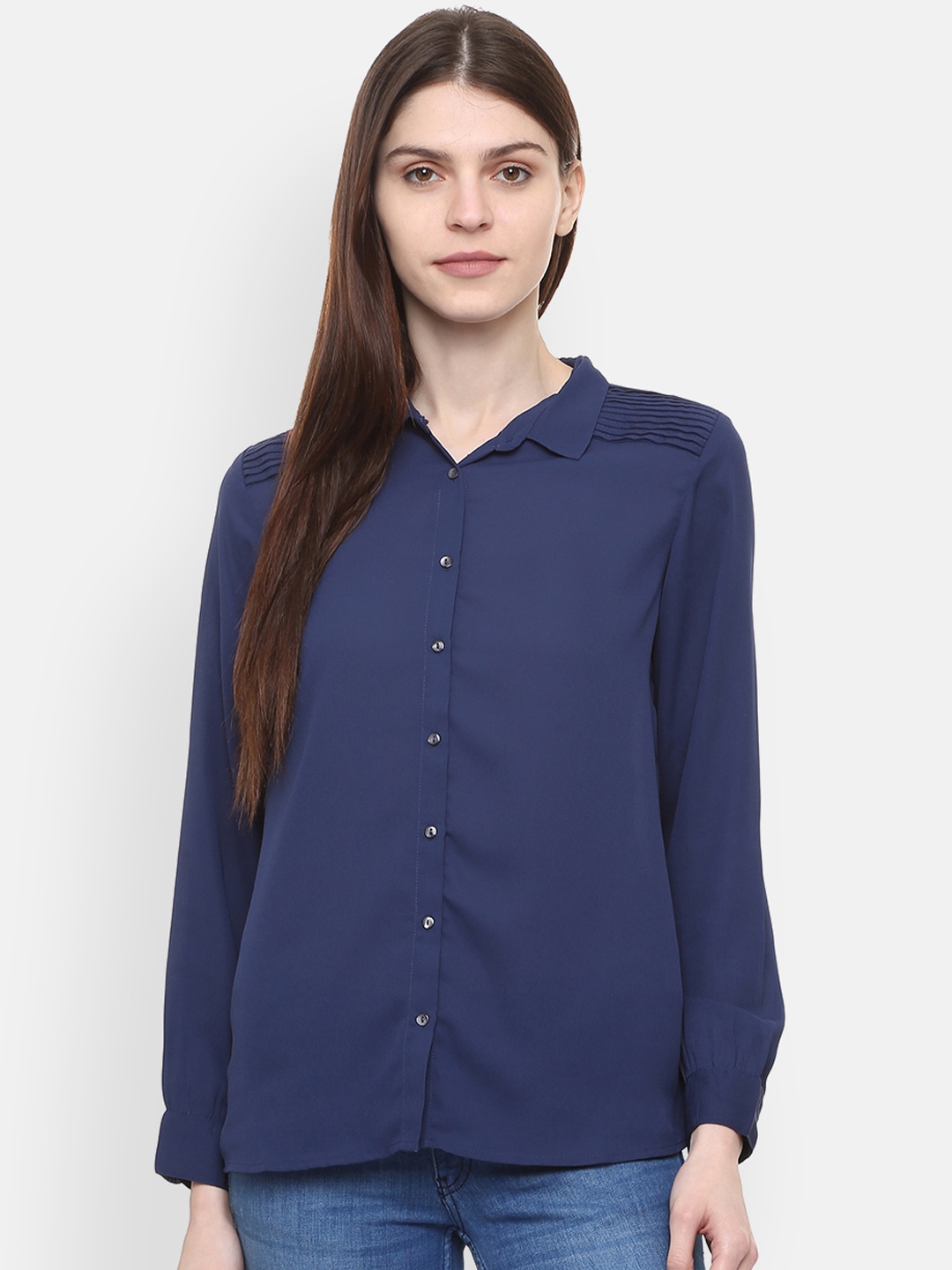 People Women Navy Blue Regular Fit Solid Casual Shirt