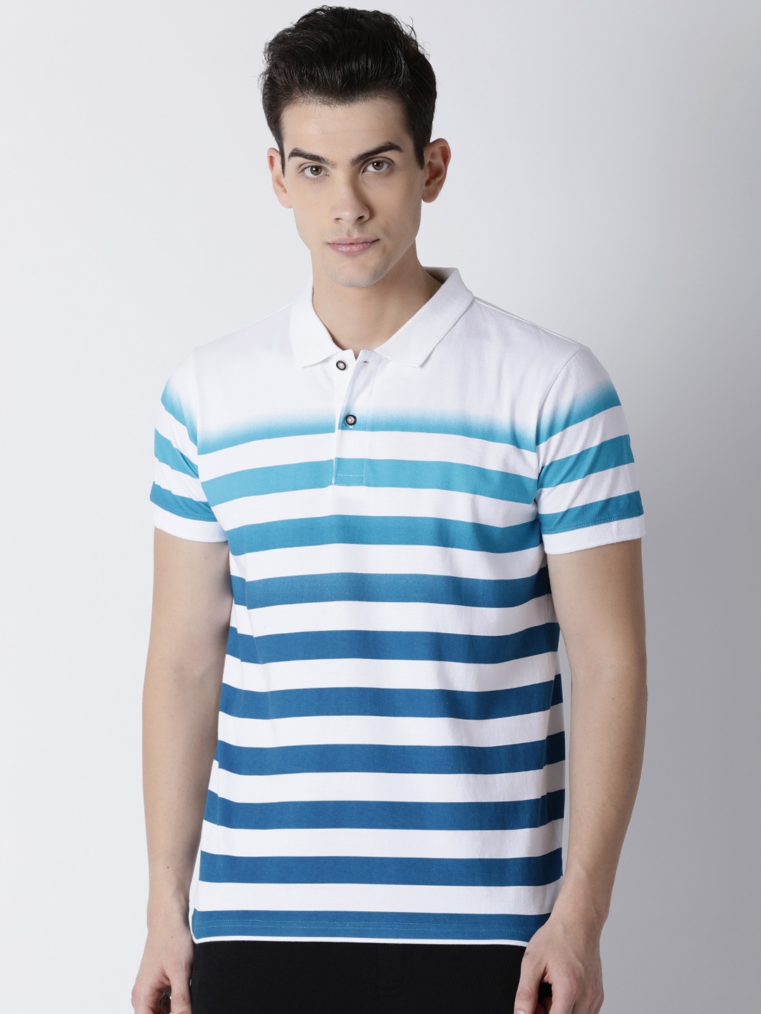 Steenbok Men White & Blue Striped Polo Collar T-shirt
