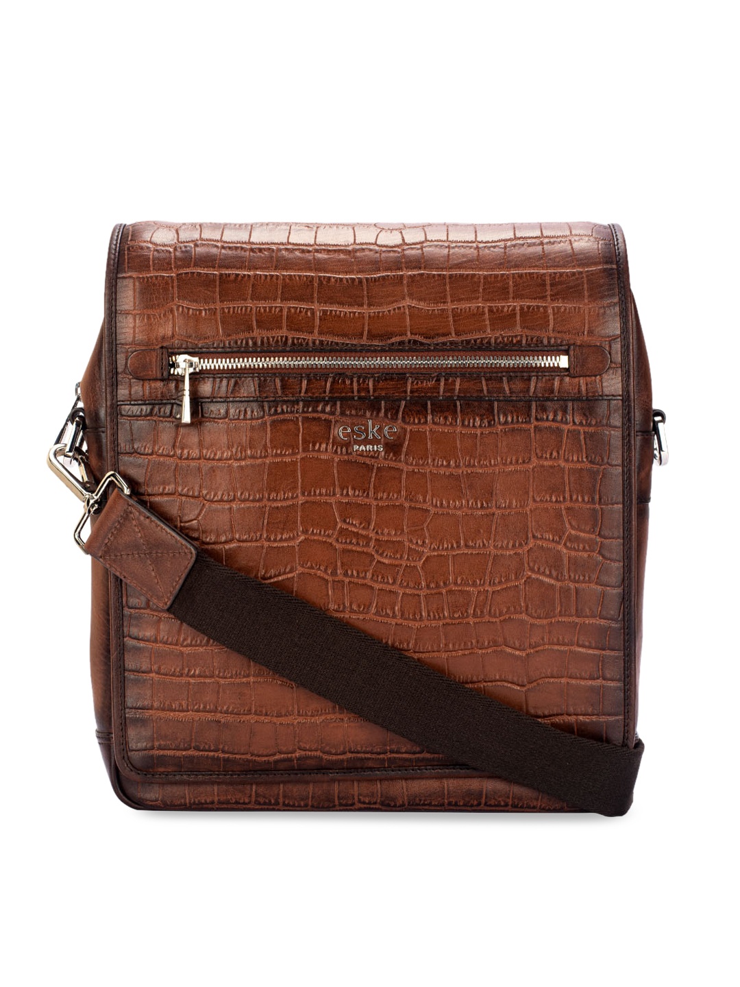 Eske Men Brown Textured Leather Messenger Travel Bag