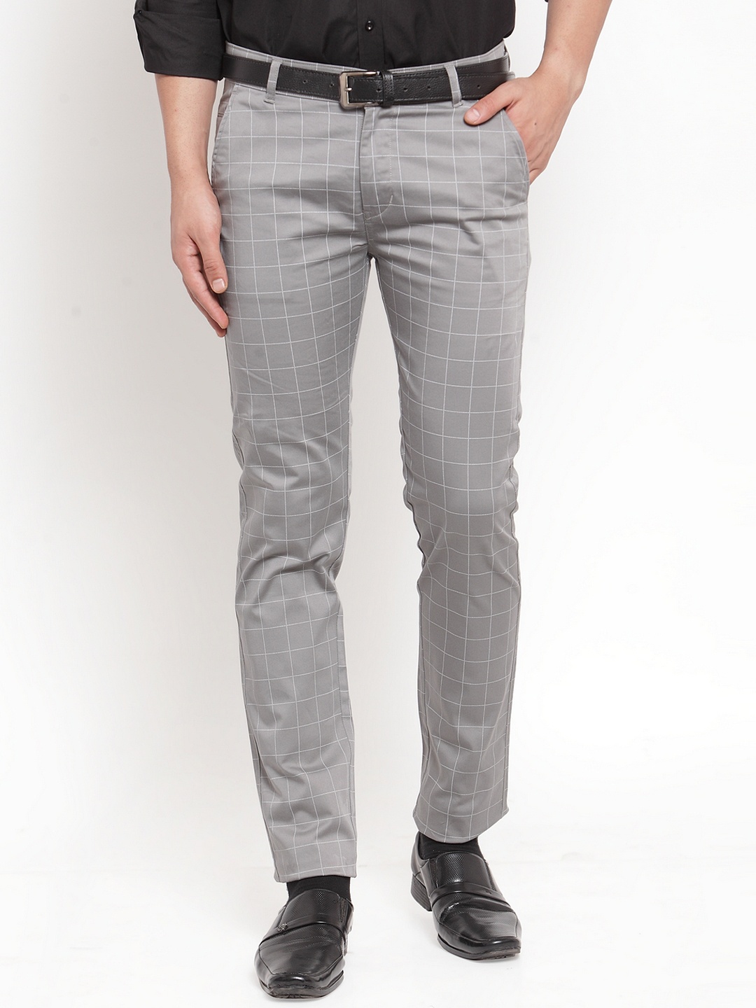 Hancock Men Grey Slim Fit Checked Formal Trousers