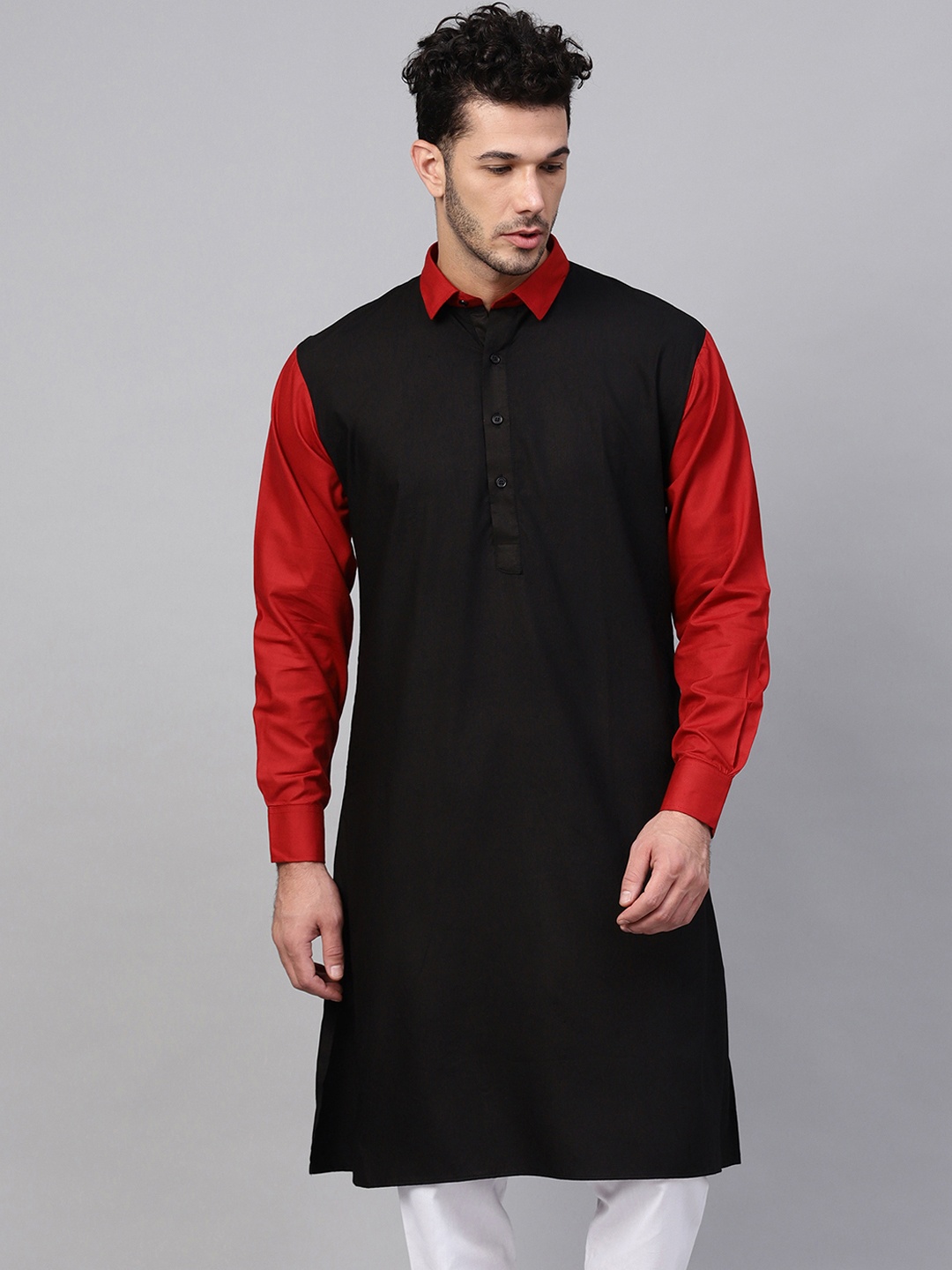 SOJANYA Men Black & Red Solid Straight Kurta