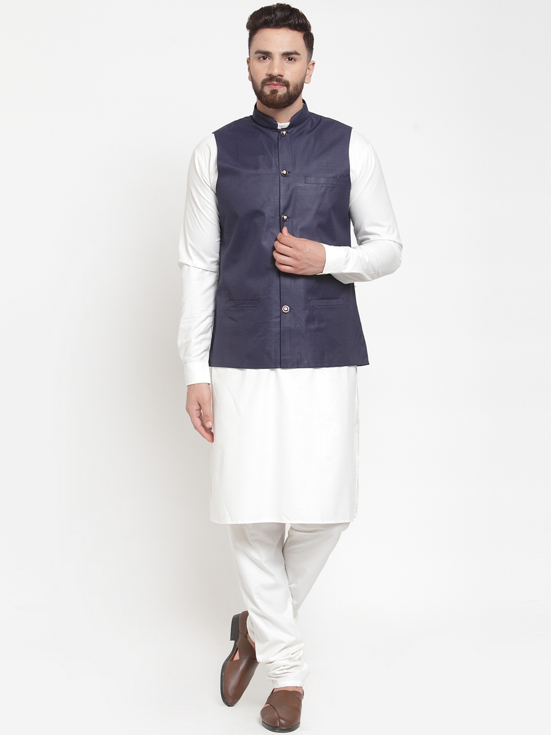 Jompers Men White & Navy Blue Solid Kurta Set with Nehru Jacket