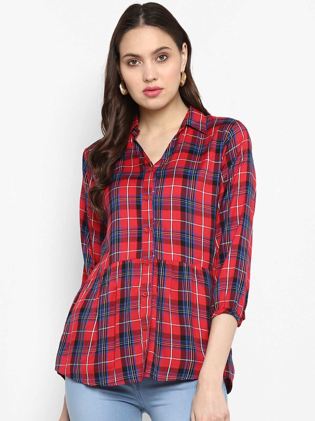 One Femme Women Blue & Red Checked Pure Cotton Shirt Style Pure Cotton Top
