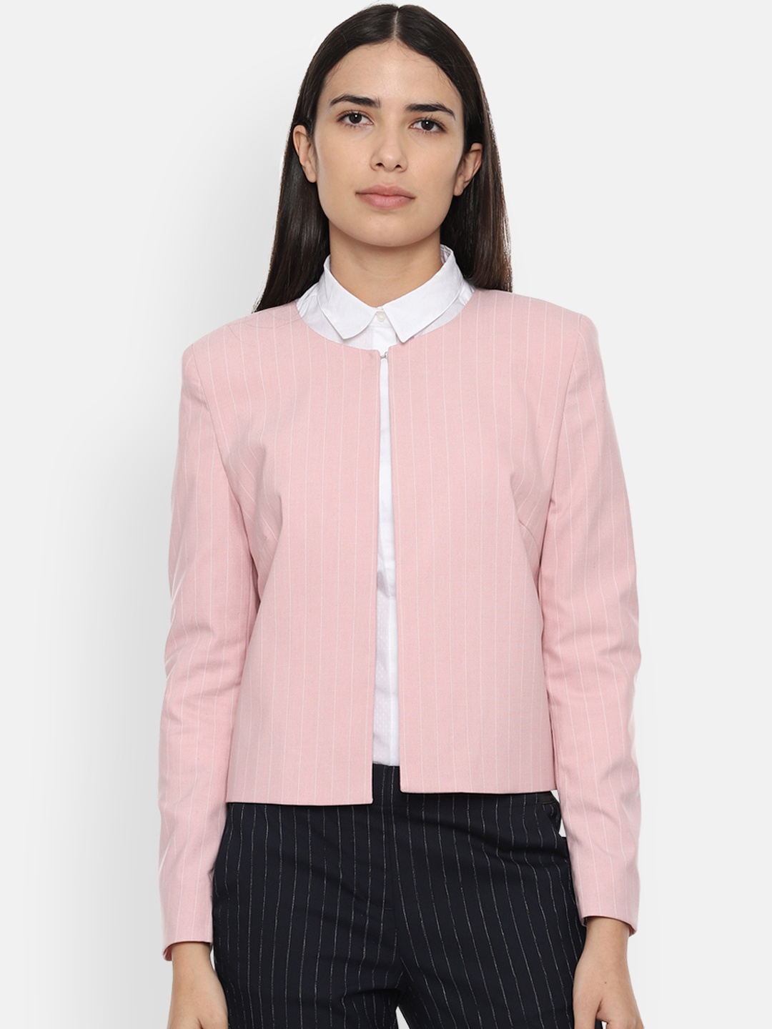 Van Heusen Women Pink Striped Single Breasted Blazer