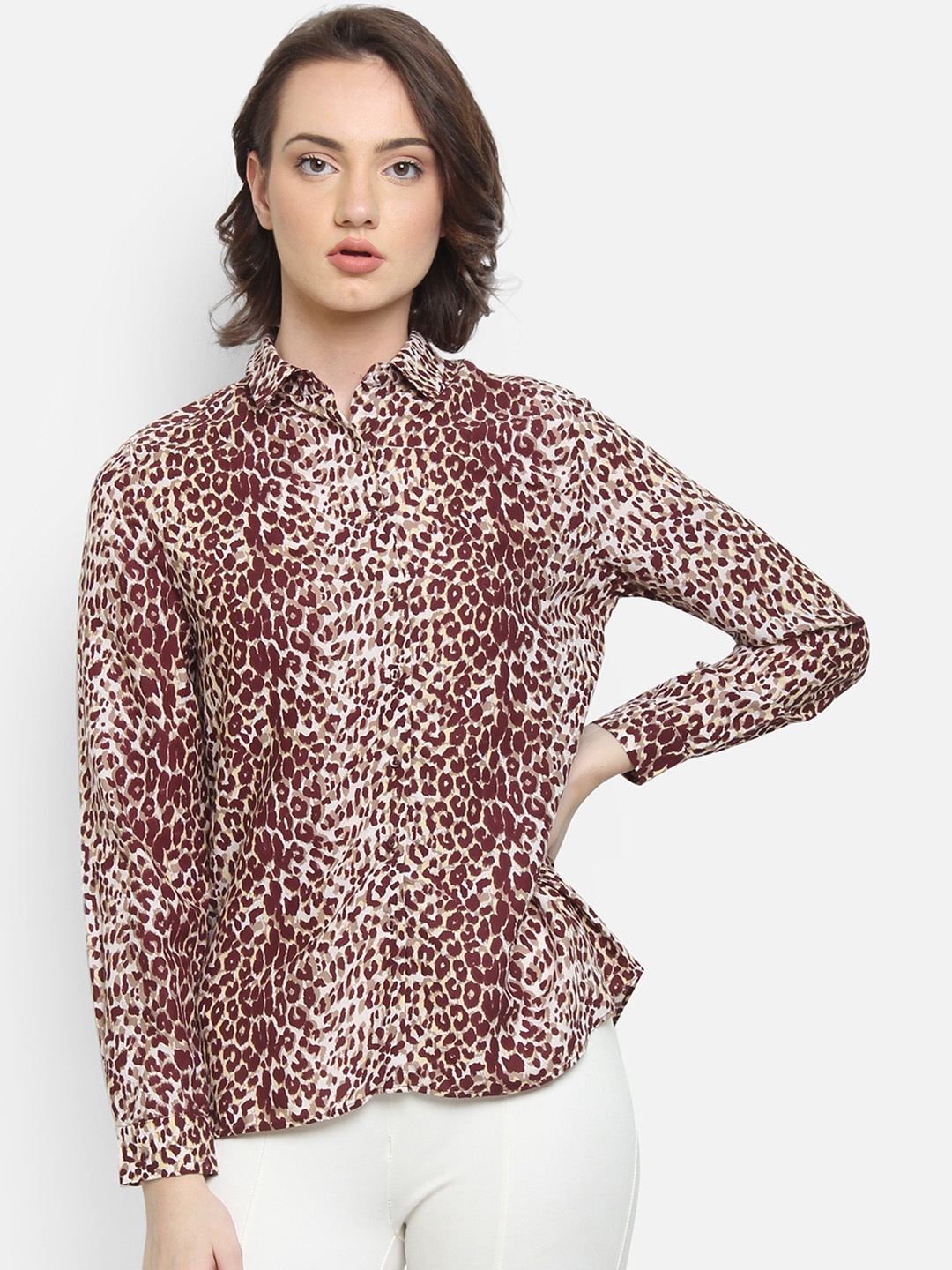 COVER STORY Women Maroon & White Printed Shirt Style Top