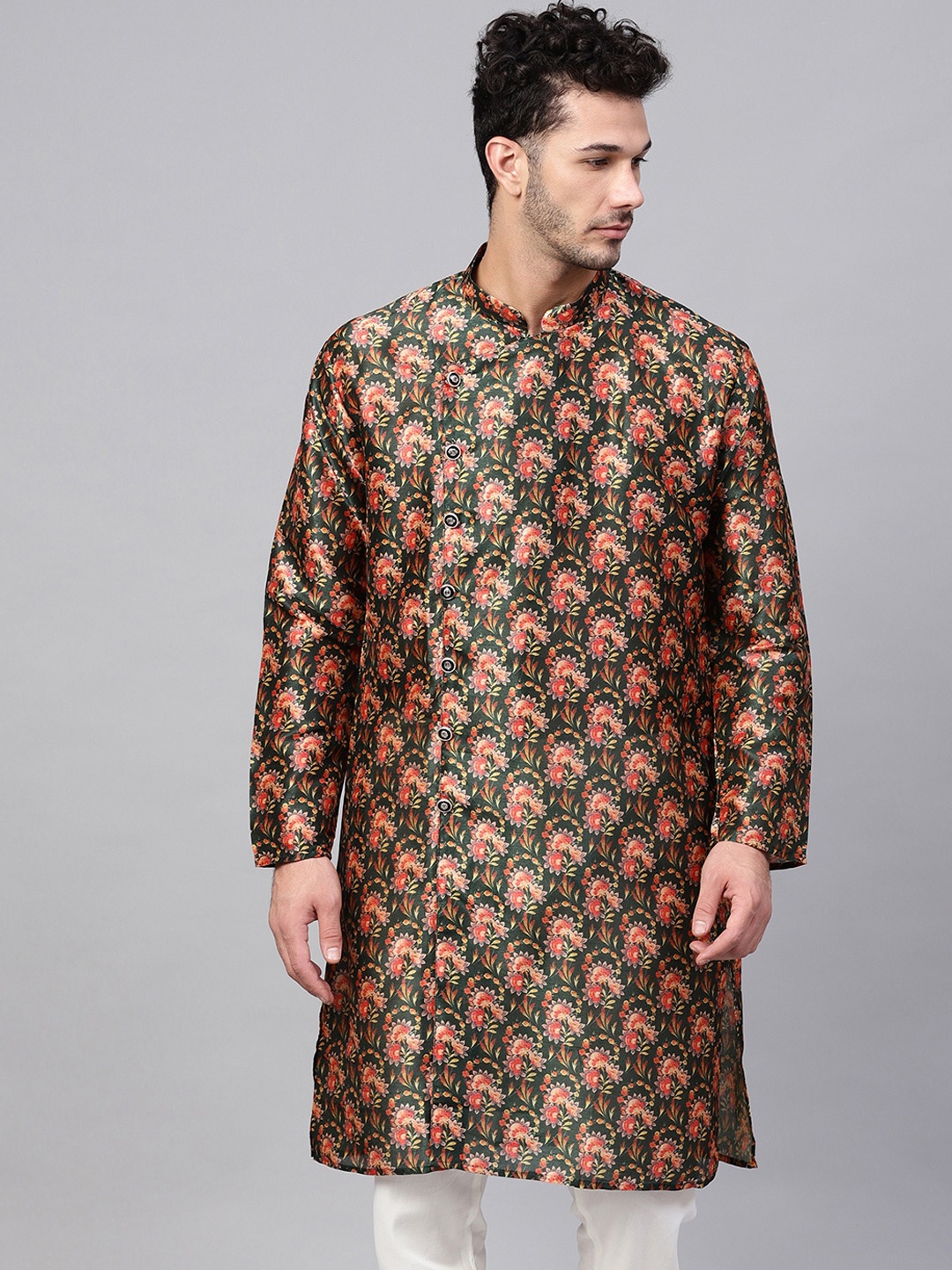 SOJANYA Men Green & Pink Printed Straight Kurta