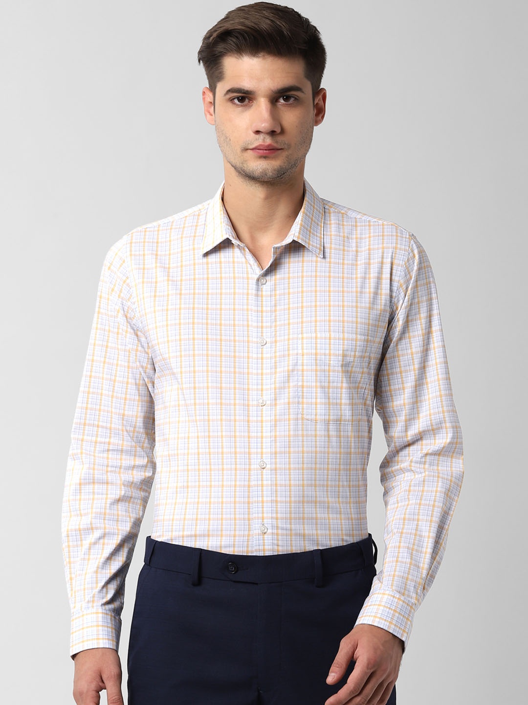 Peter England Men White & Yellow Slim Fit Checked Formal Shirt