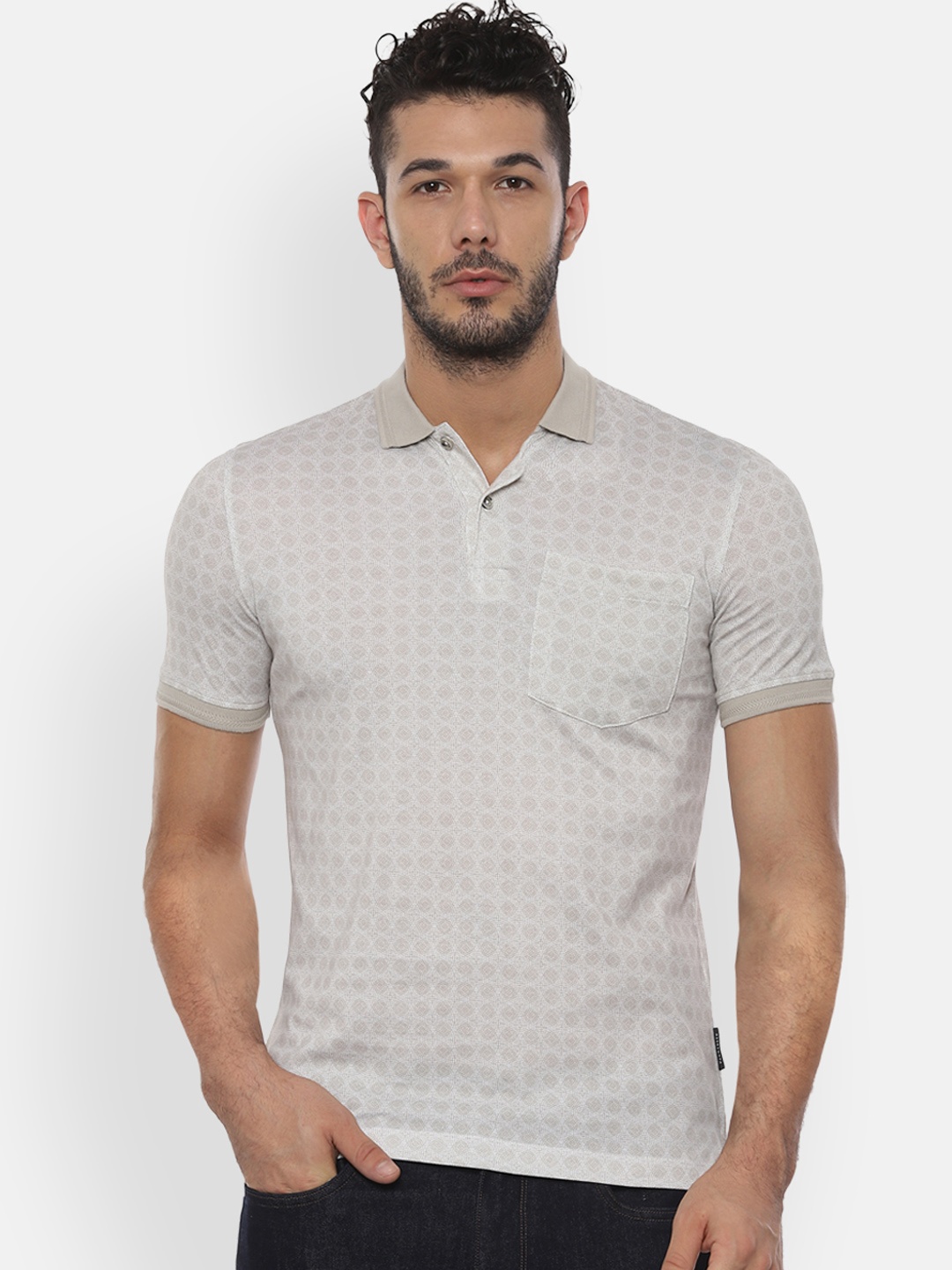 Van Heusen Men Beige Printed Polo Collar Pure Cotton T-shirt