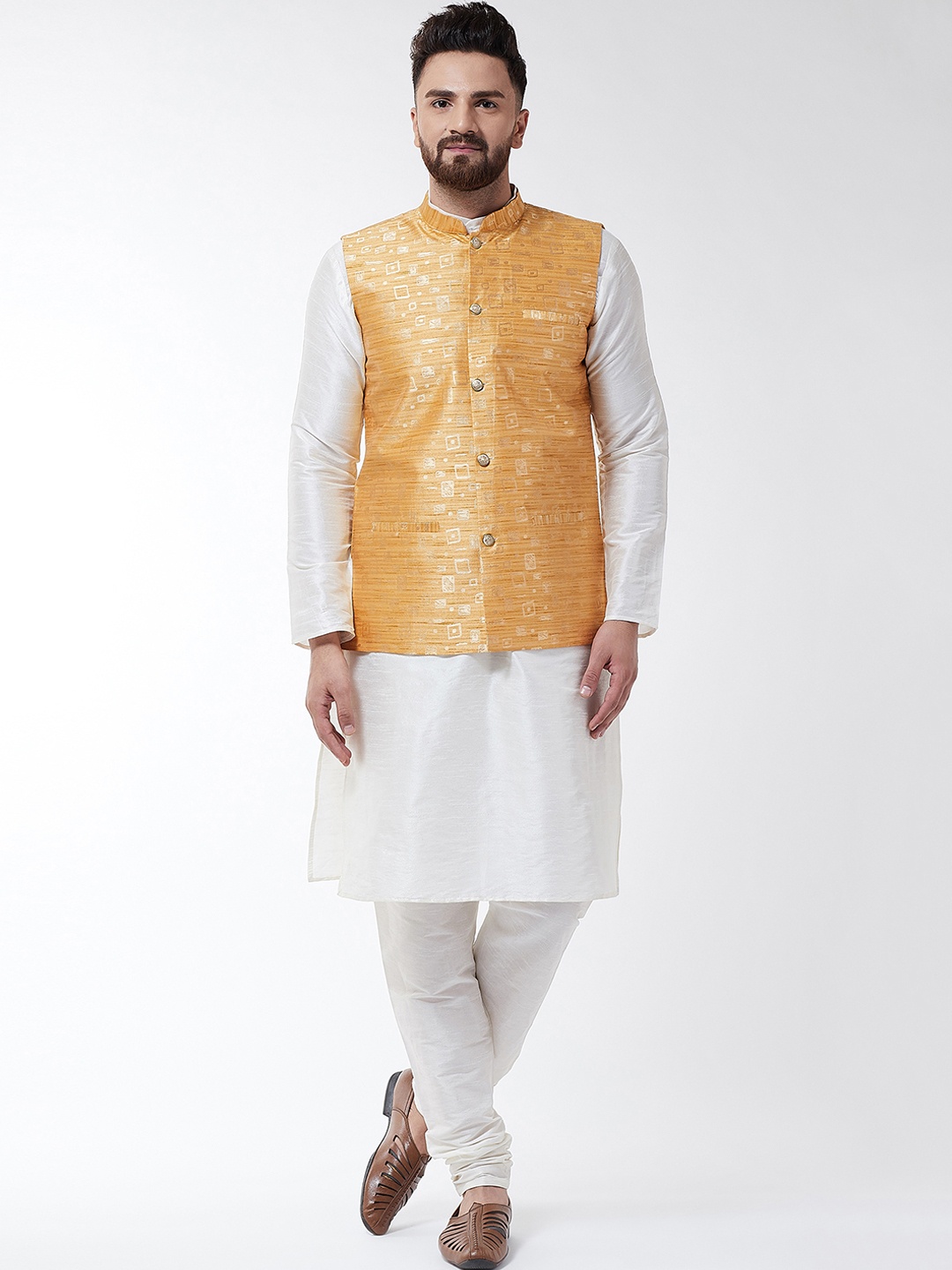SOJANYA Men Gold-Coloured & Off-White Self Design Kurta with Churidar & Nehru Jacket
SOJANYA Men Gold-Coloured & Off-White Self Design Kurta with Churidar & Nehru Jacket