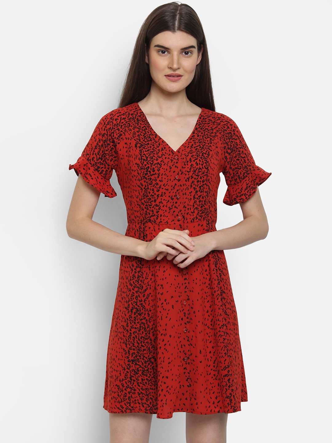 COVER STORY Women Printed Red Fit and Flare Dress