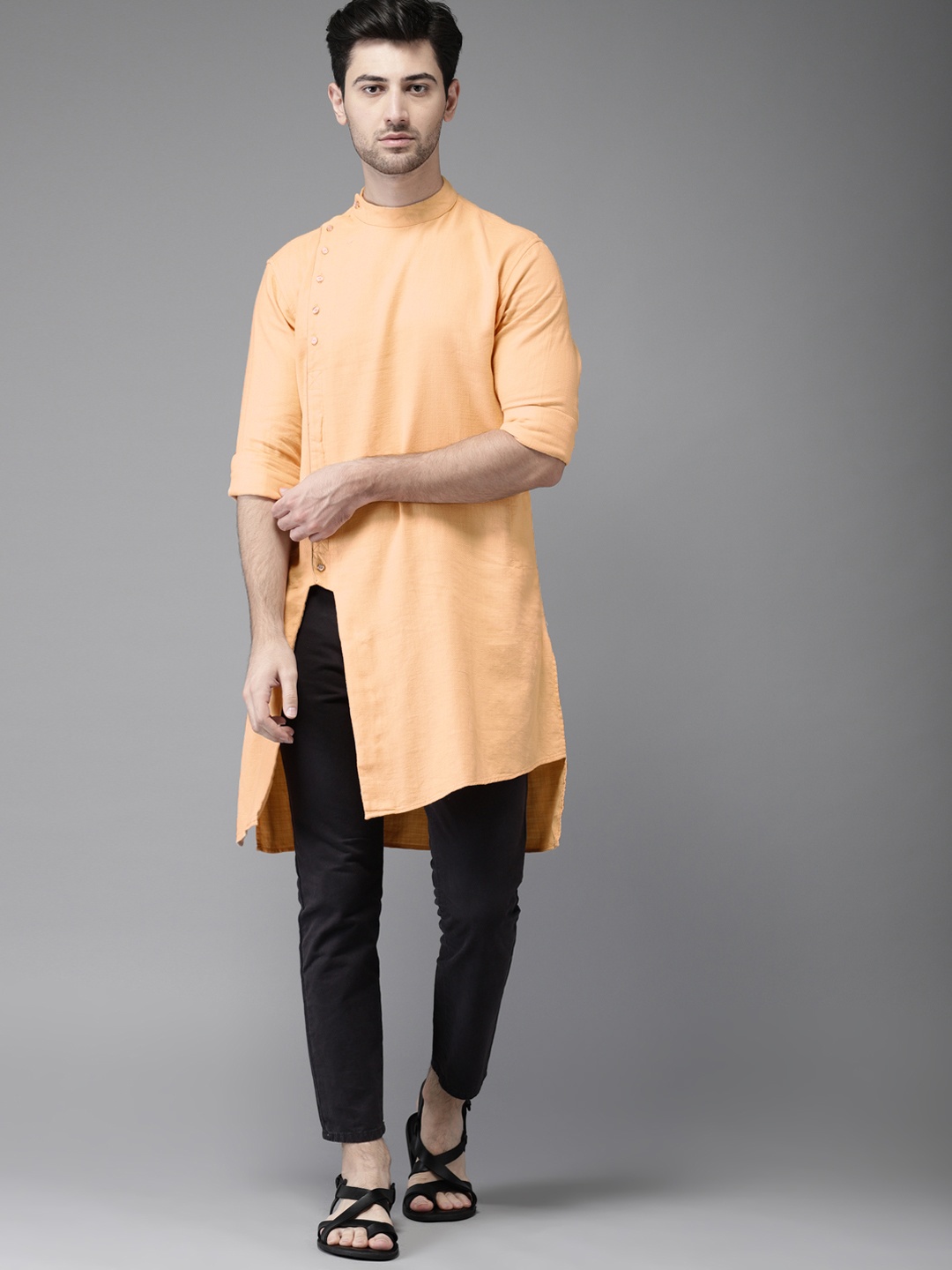 Freehand Men Orange Solid Straight Kurta